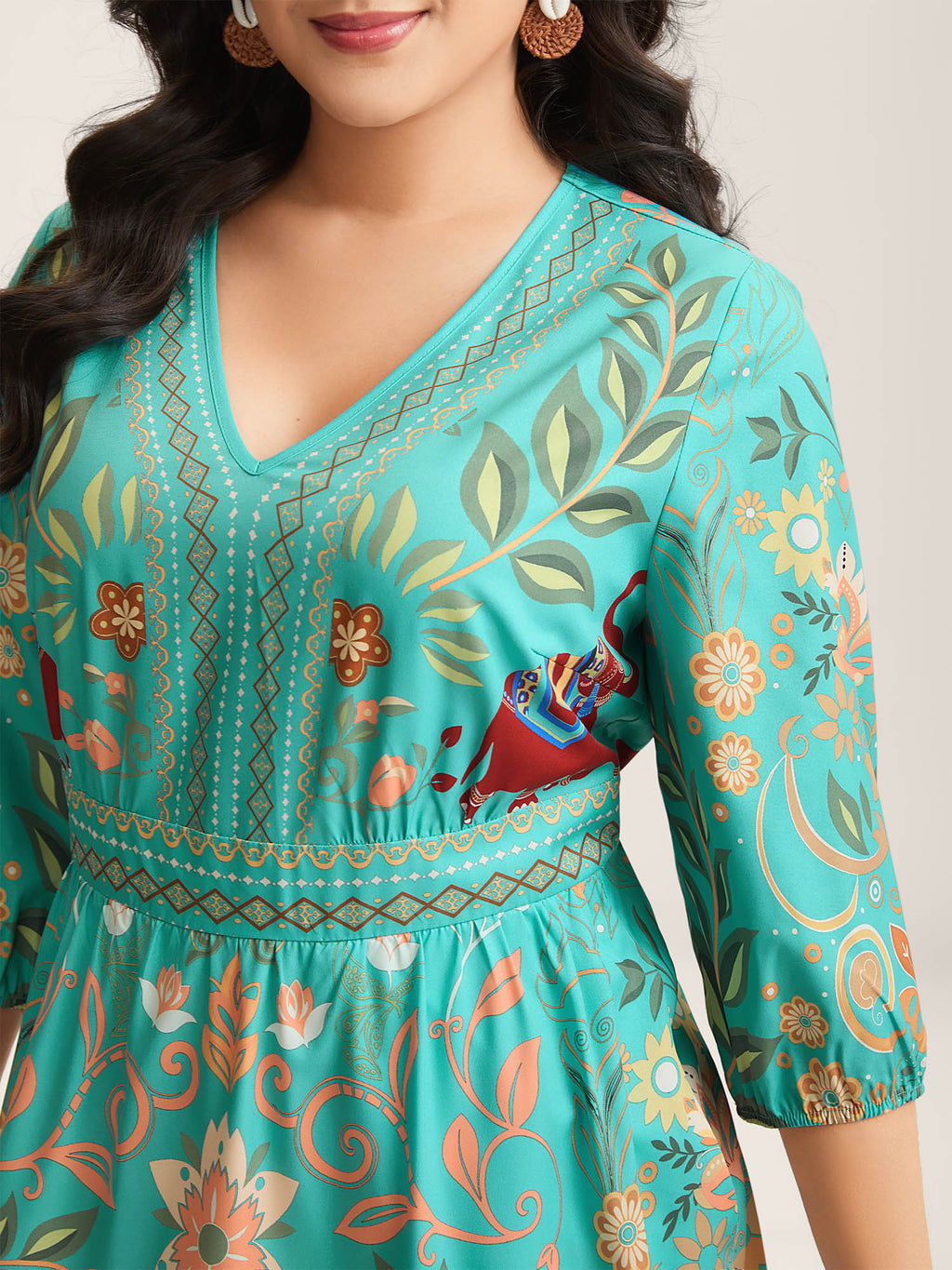 (30pcs Minimum Wholesale)Boho Print V-Neck Pockets Mini Dress