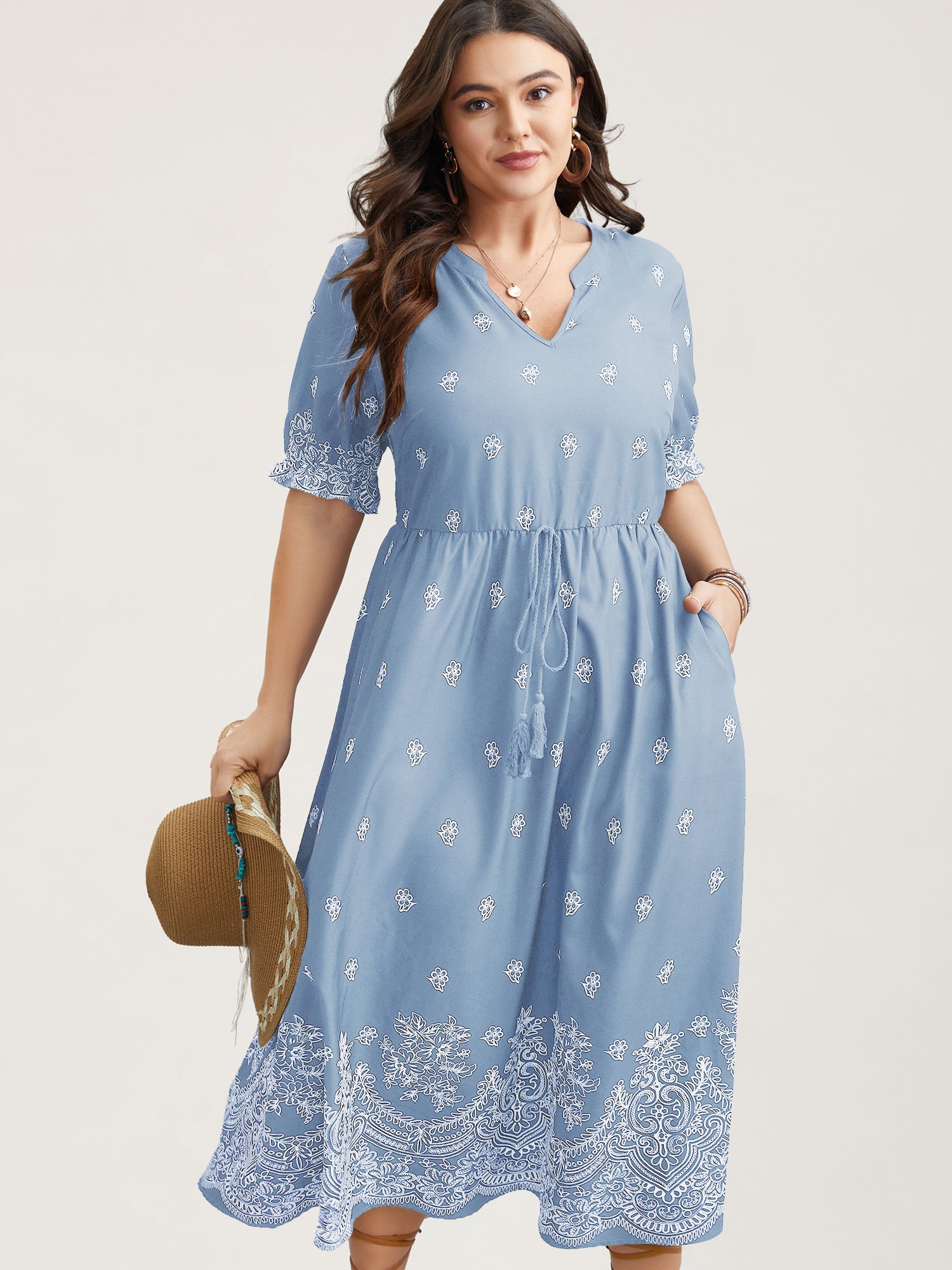 (16pcs Minimum Wholesale)Floral Waist-Tie Notched Collar Midi Dress
