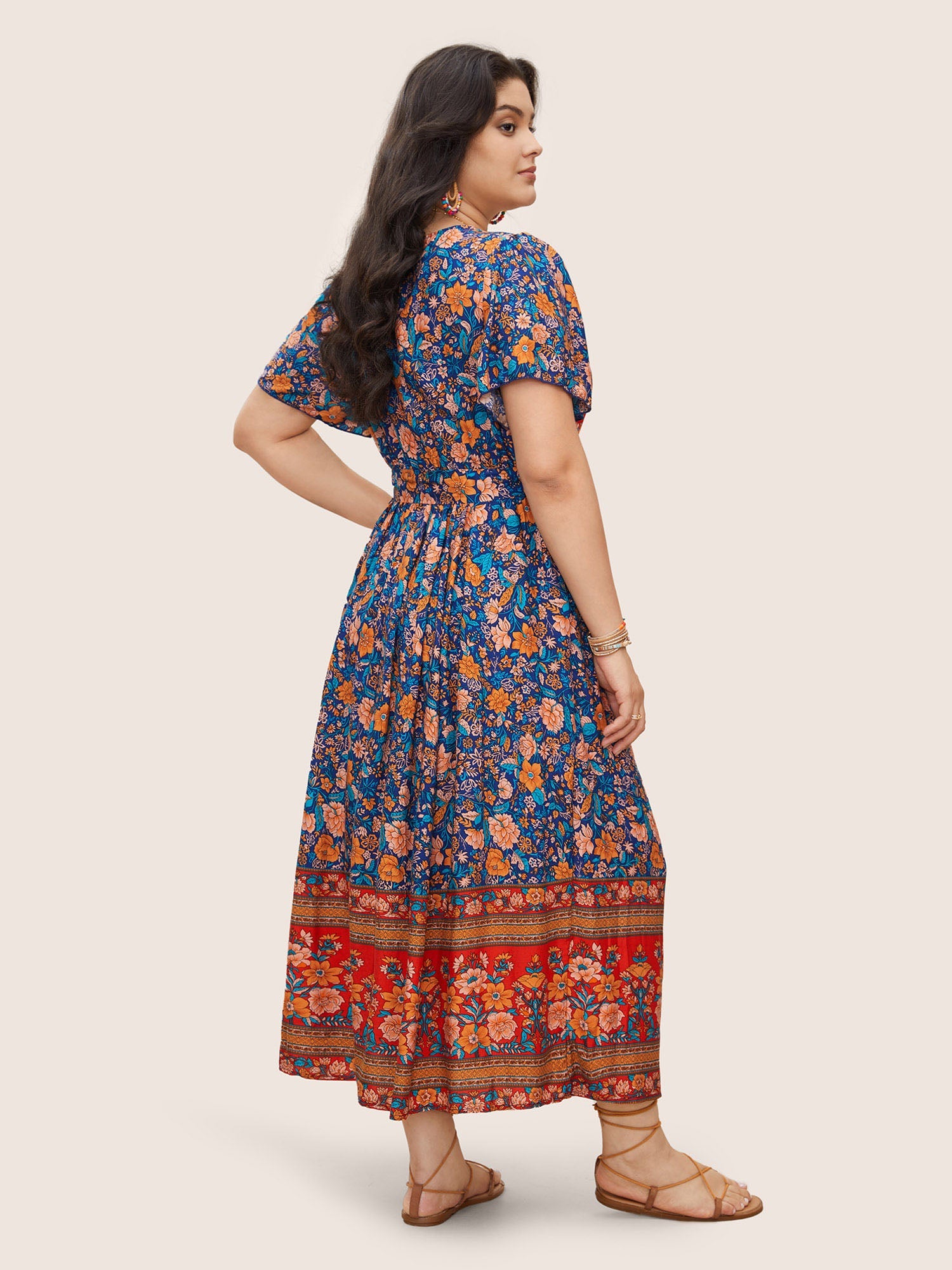 (18pcs Minimum Wholesale)Bandana Surplice Neck Pocket Belted Flutter Hem Maxi Dress