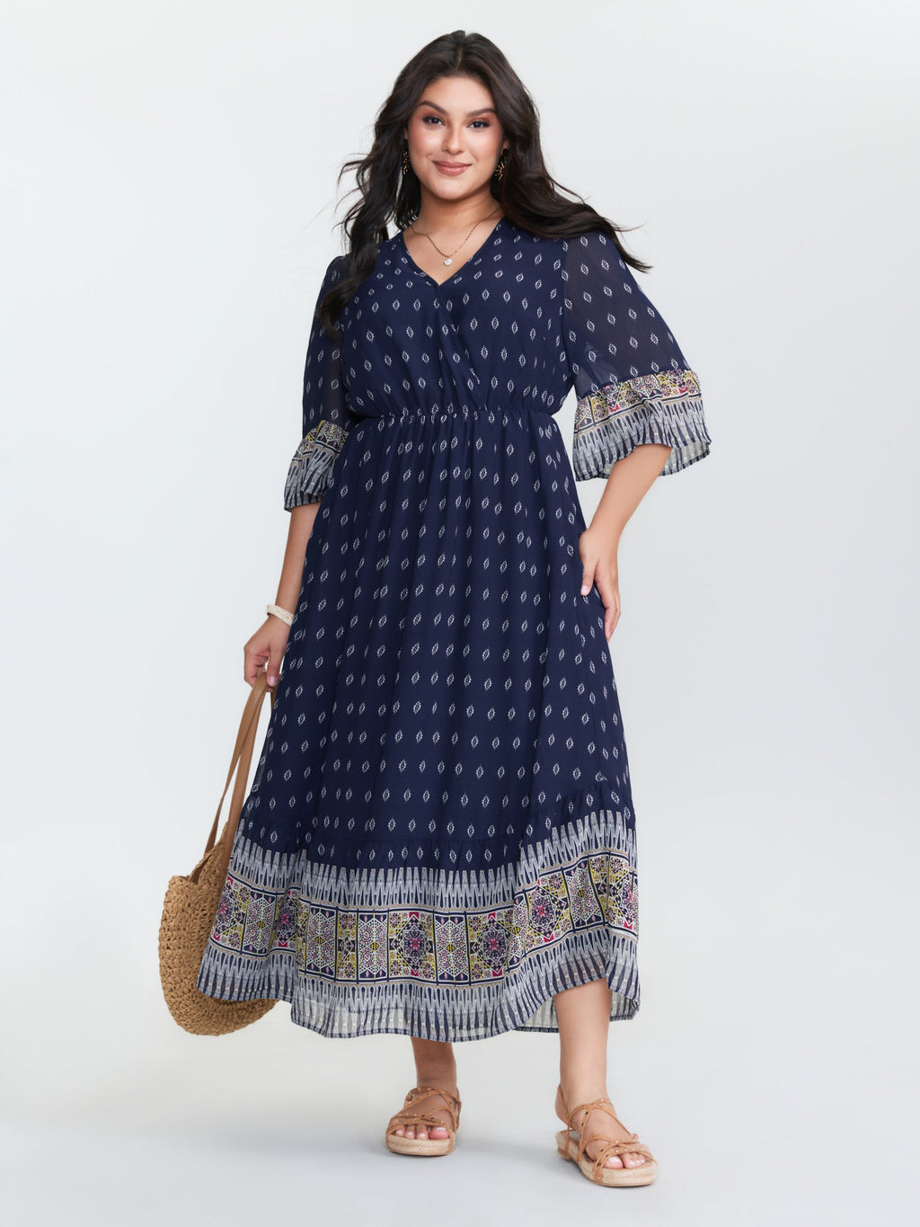 (25pcs Minimum Wholesale)Boho Geometric Print Wrap Maxi Dress