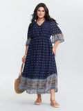 (25pcs Minimum Wholesale)Boho Geometric Print Wrap Maxi Dress
