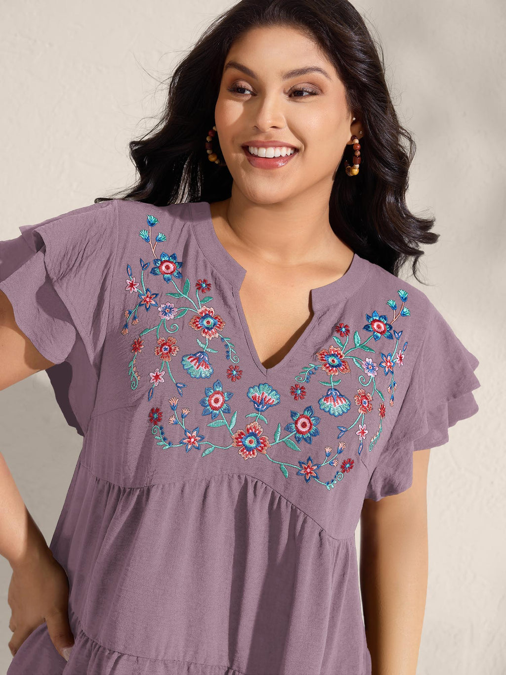 (16pcs Minimum Wholesale)Embroidered Neckline A-Line Ruffled Knee-Length Dress