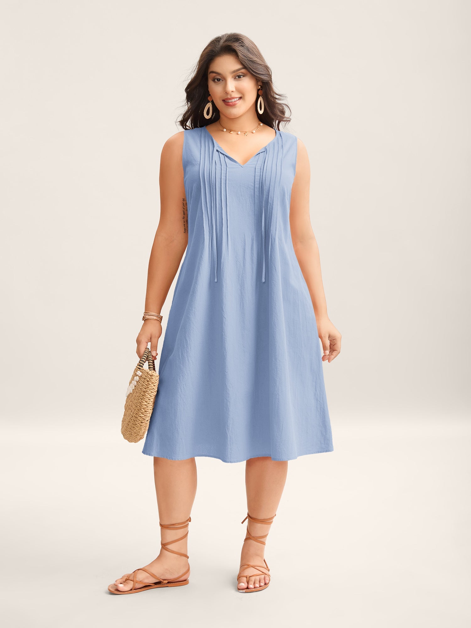 (18pcs Minimum Wholesale)Cotton Toothpick Pleat Plain Midi Dress