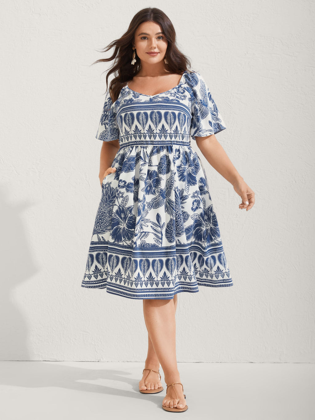 (16pcs Minimum Wholesale)Boho Print Fit Flare Pockets Mini Dress