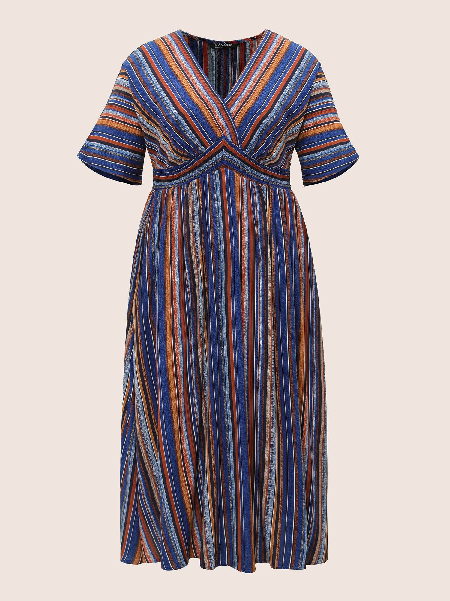(25pcs Minimum Wholesale)Striped Contrast Dolman Sleeve Shirred Pocket Split Flutter Dress