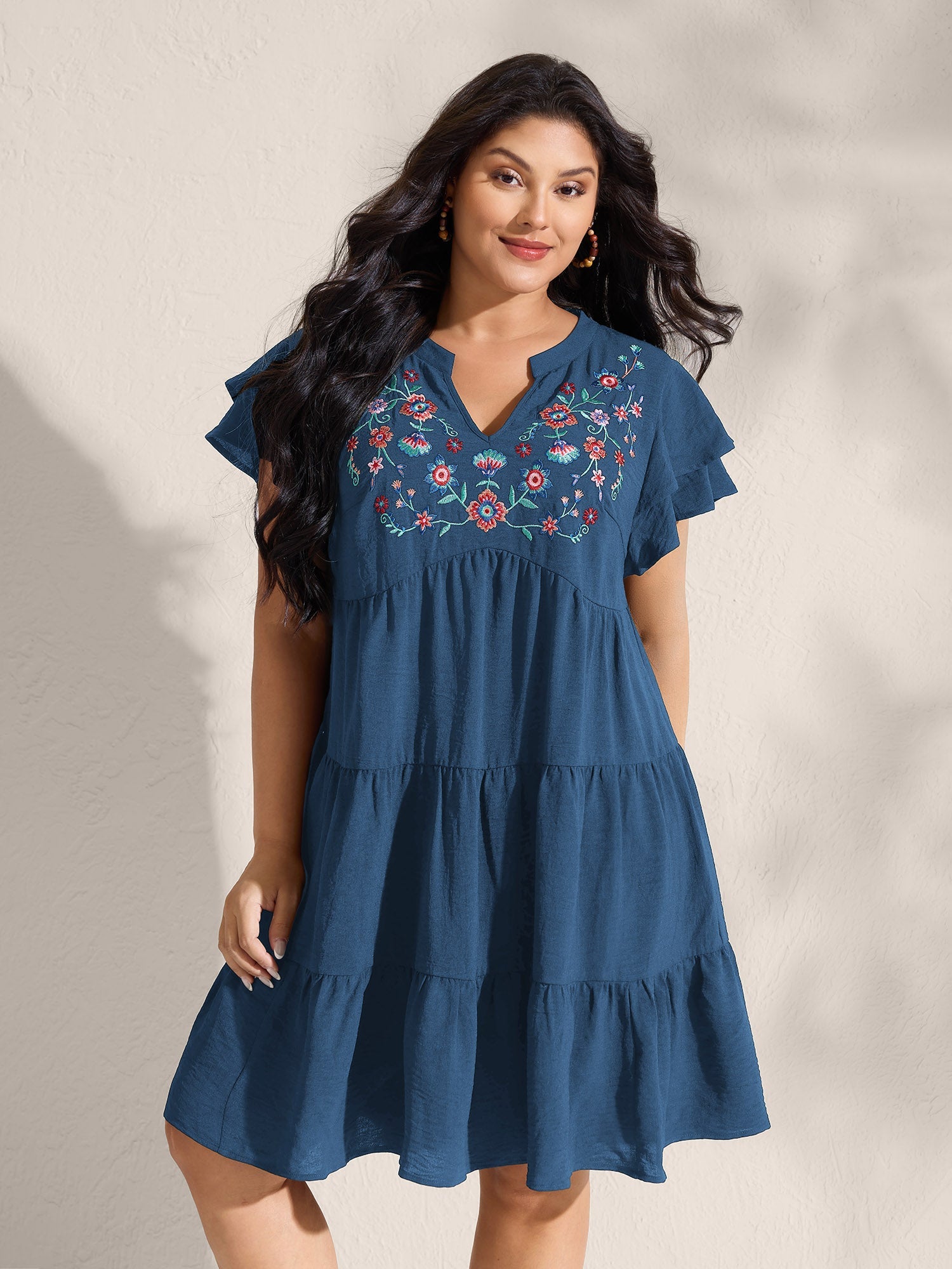 (16pcs Minimum Wholesale)Embroidered Neckline A-Line Ruffled Knee-Length Dress