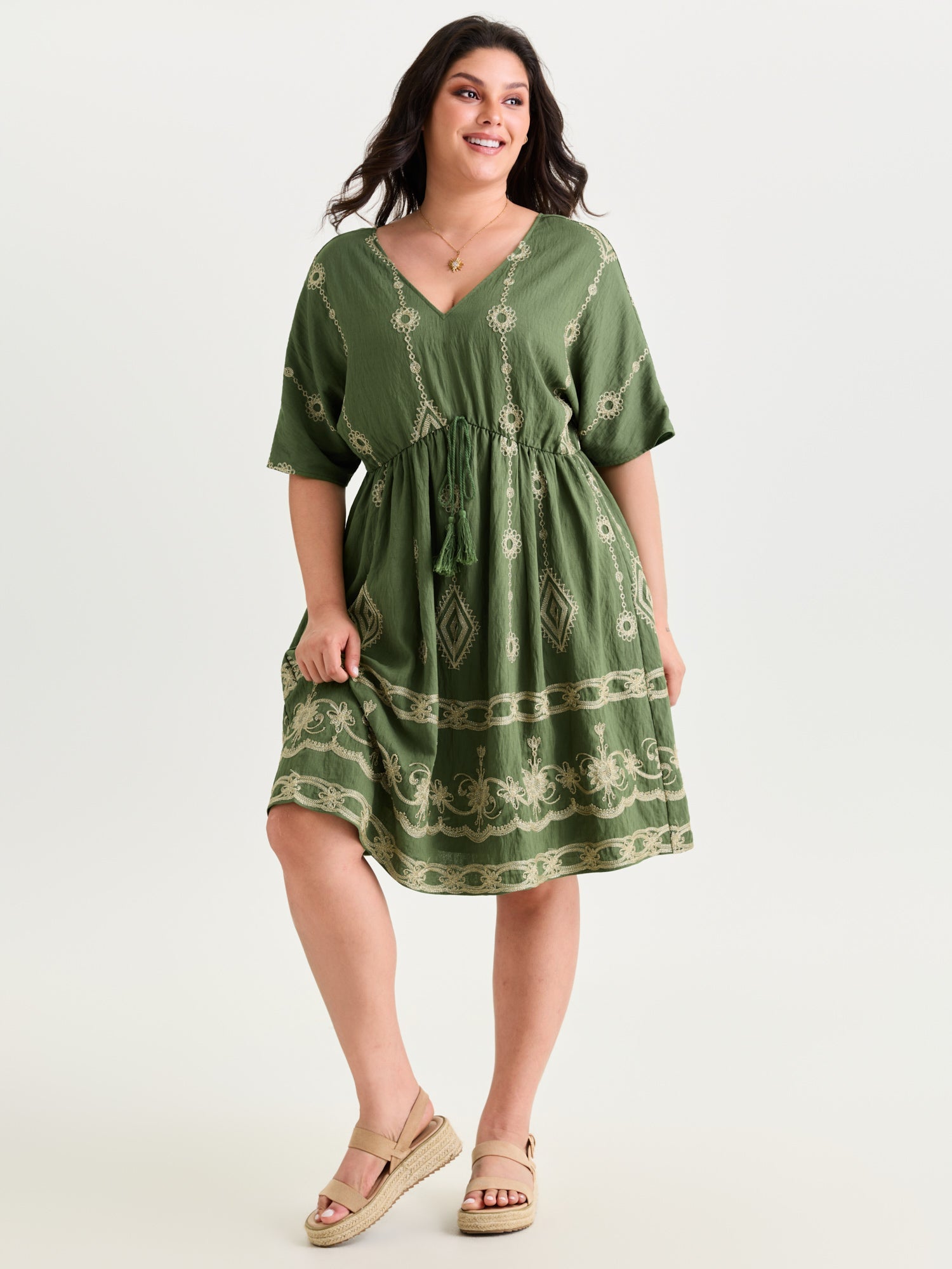 (20pcs Minimum Wholesale)Boho Embroidered Waist Tie Mini Dress