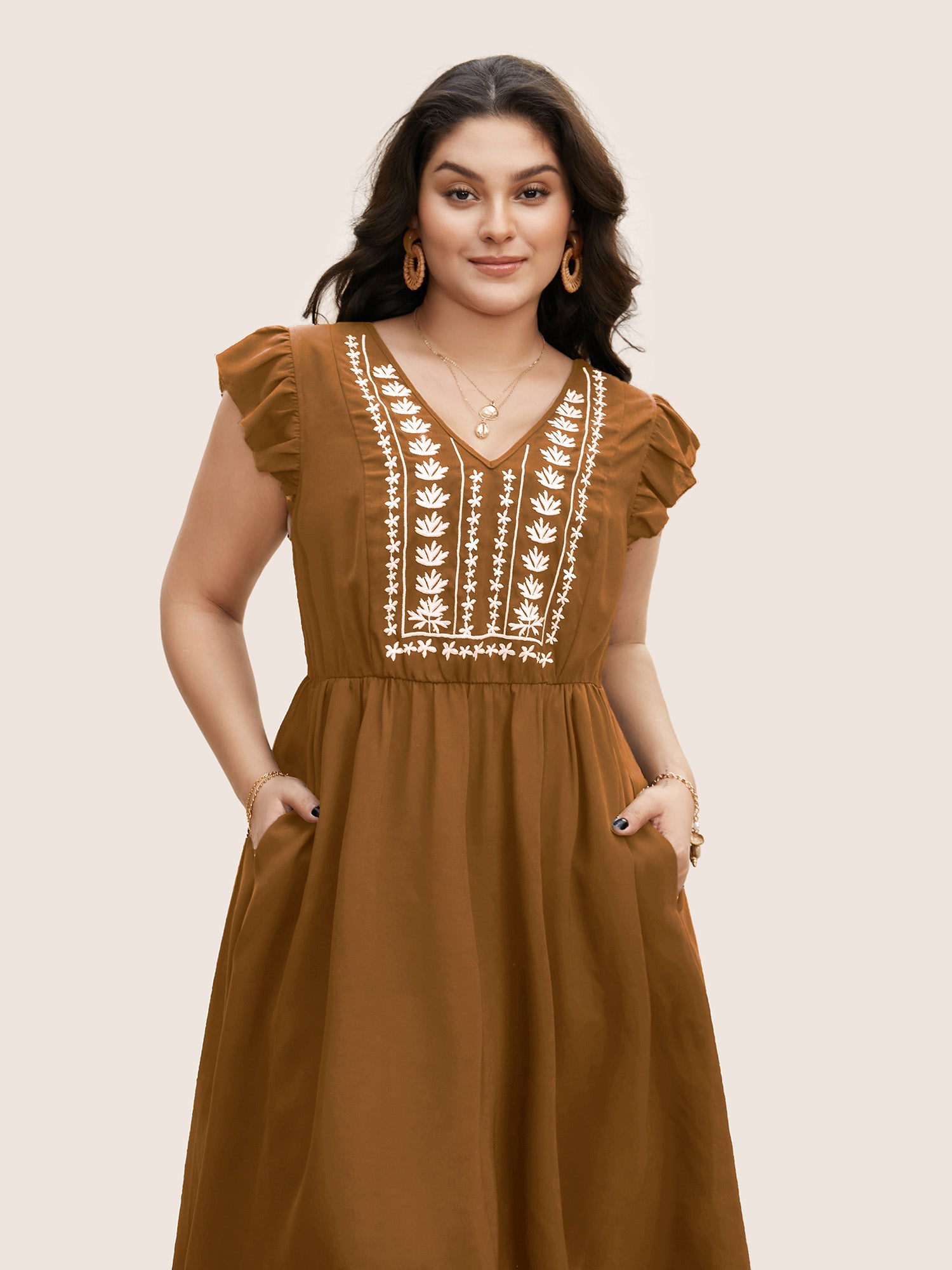 (20pcs Minimum Wholesale)Floral Embroidered V Neck Ruffle Cap Sleeve Dress