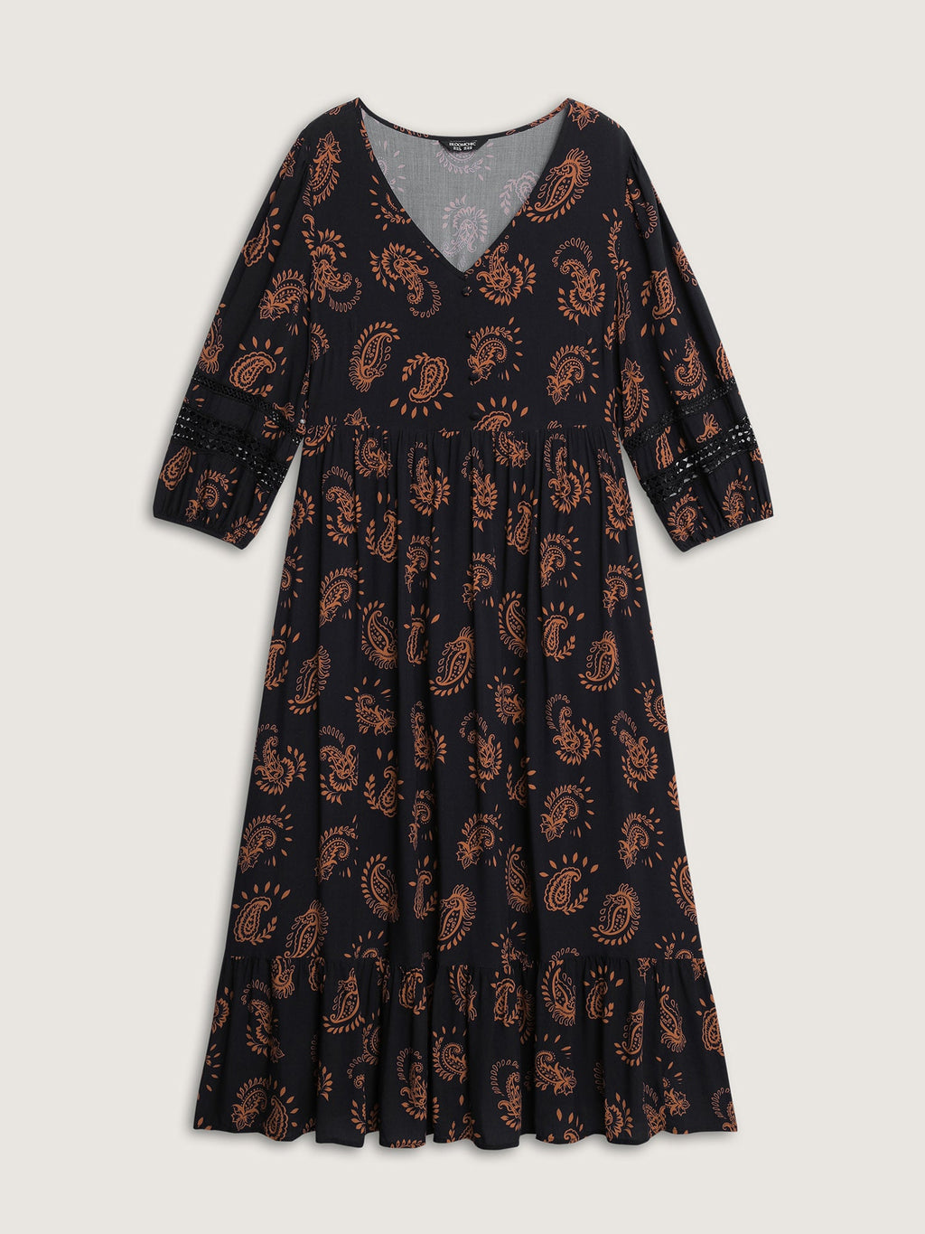 (16pcs Minimum Wholesale)Paisley Print Lace Trim Tiered Maxi Dress