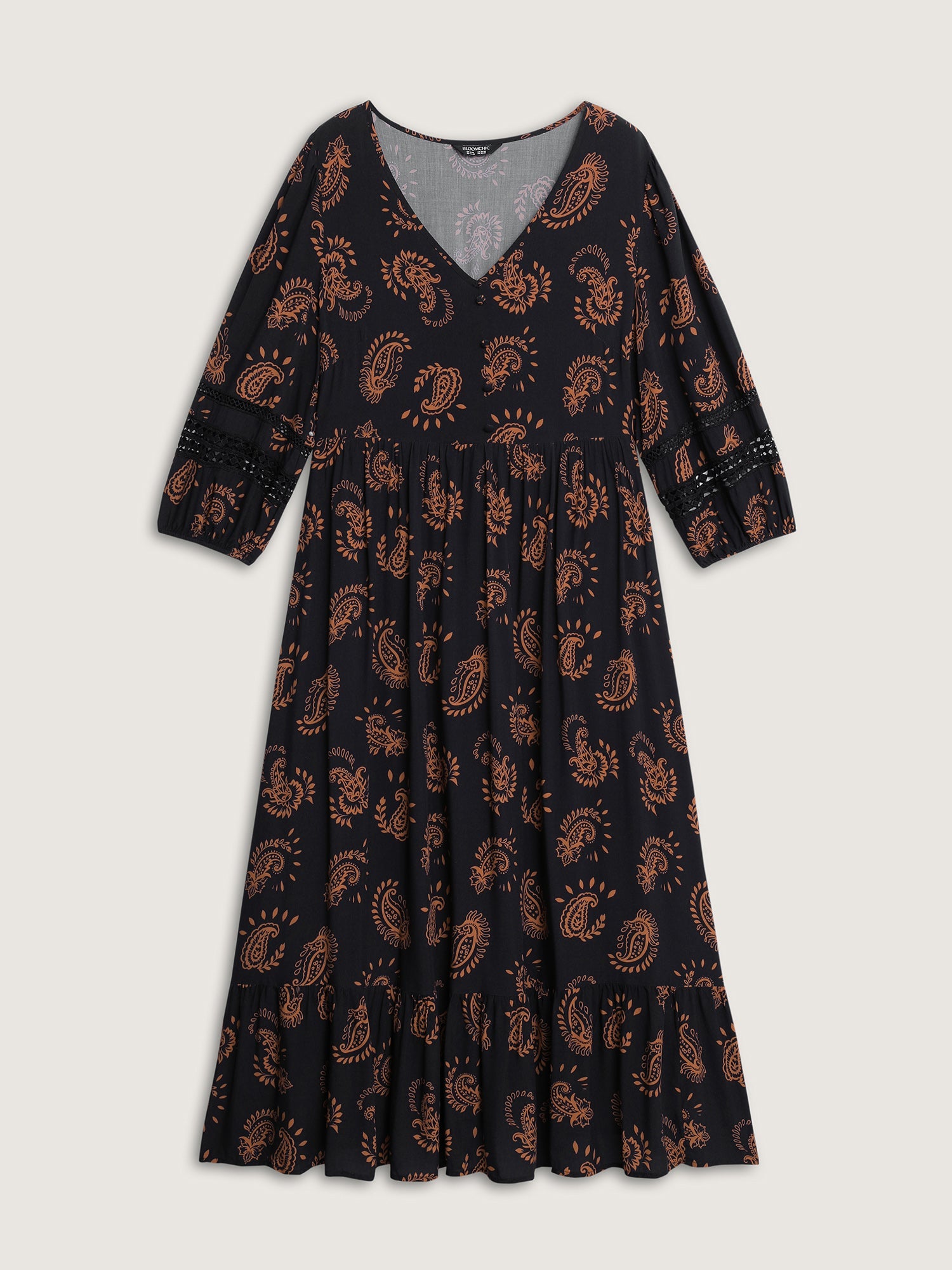 (16pcs Minimum Wholesale)Paisley Print Lace Trim Tiered Maxi Dress