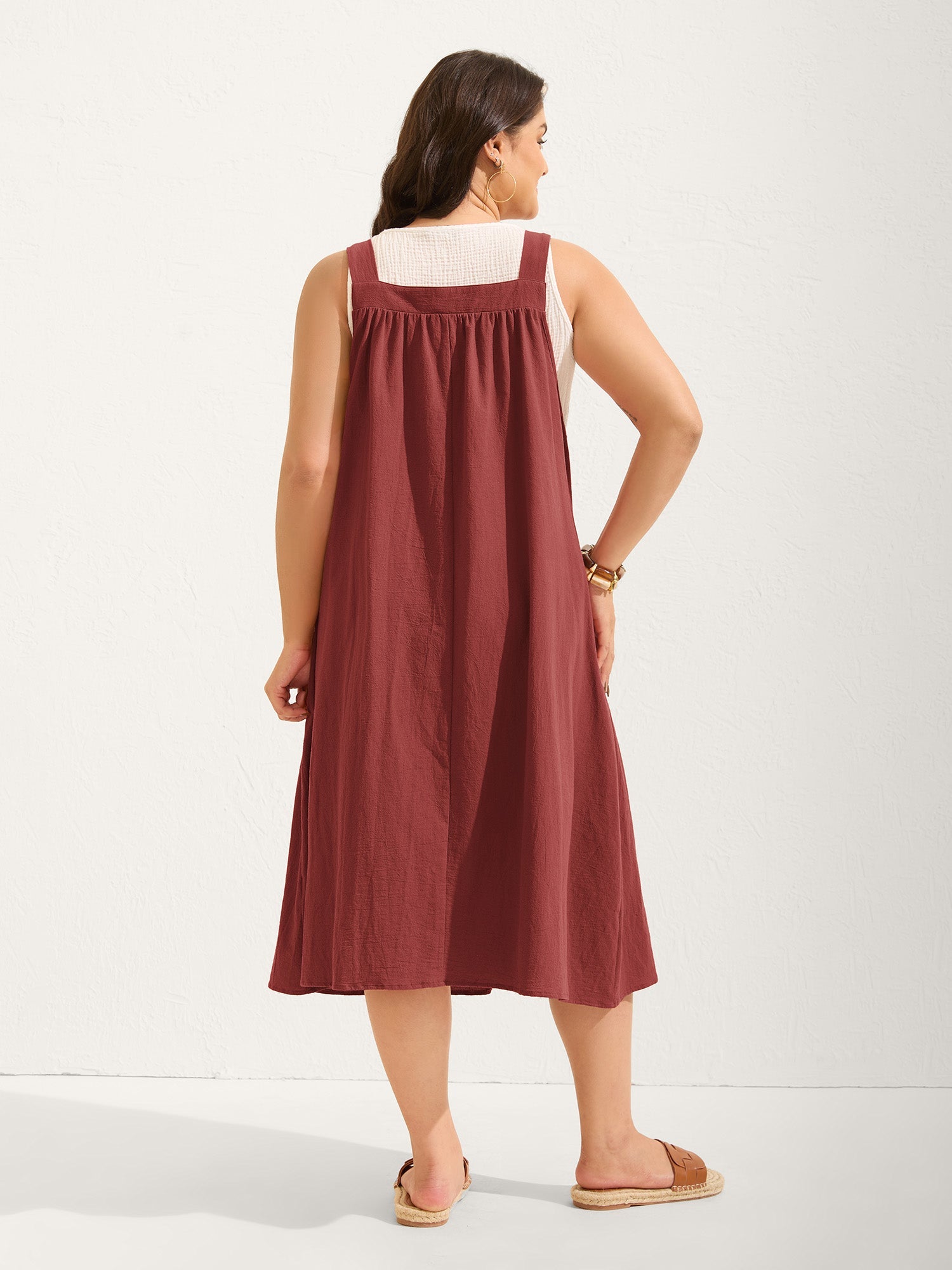 (20pcs Minimum Wholesale)Pure Cotton Pleated Pockets Midi Dress