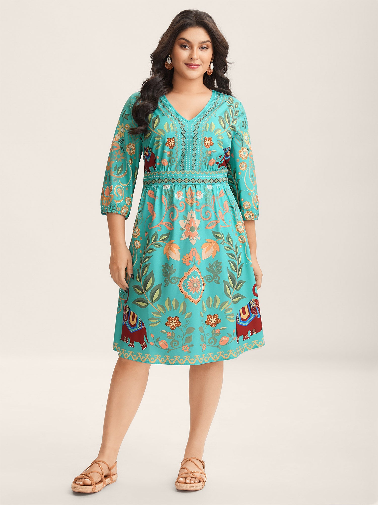 (30pcs Minimum Wholesale)Boho Print V-Neck Pockets Mini Dress