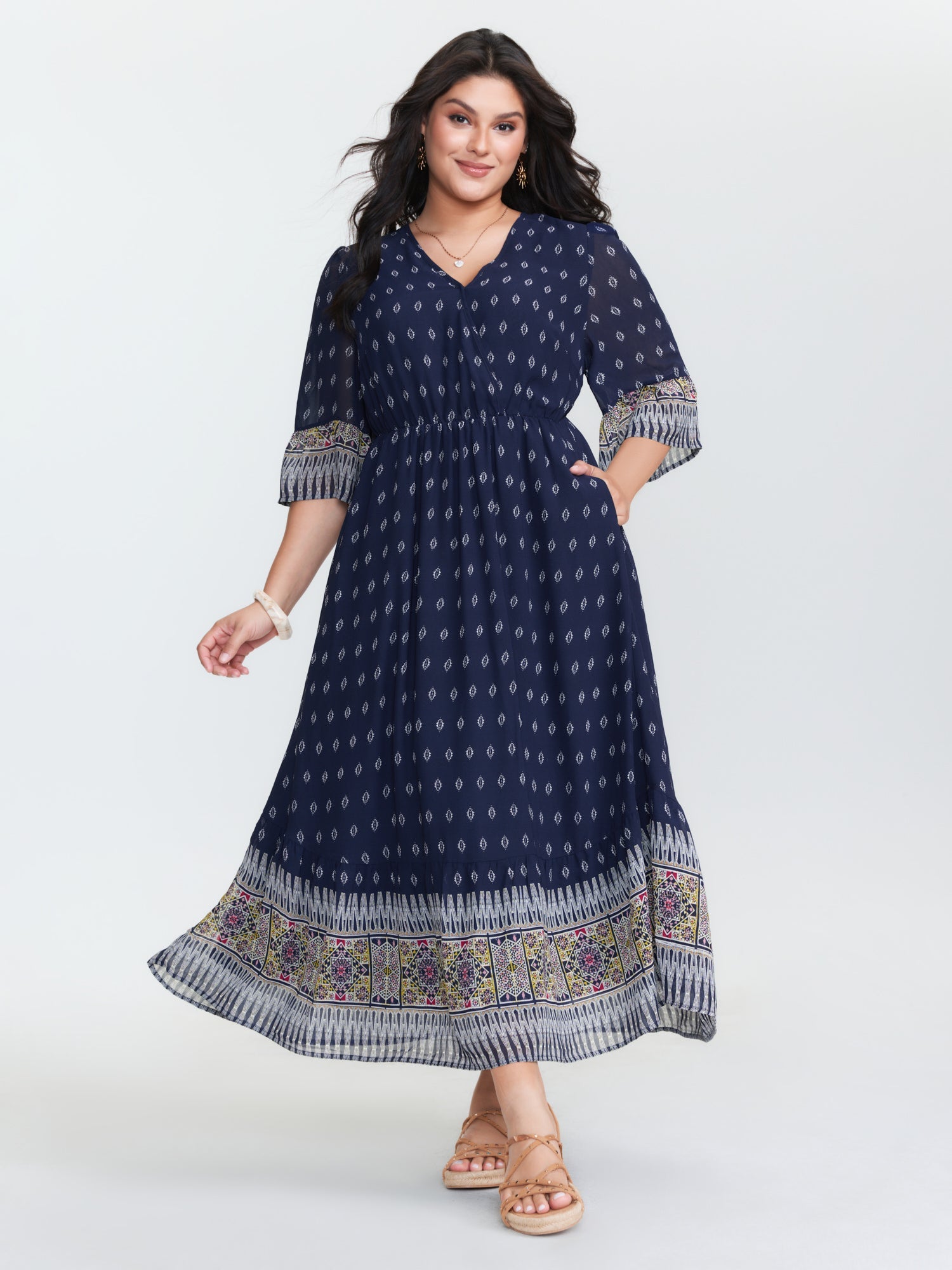 (25pcs Minimum Wholesale)Boho Geometric Print Wrap Maxi Dress