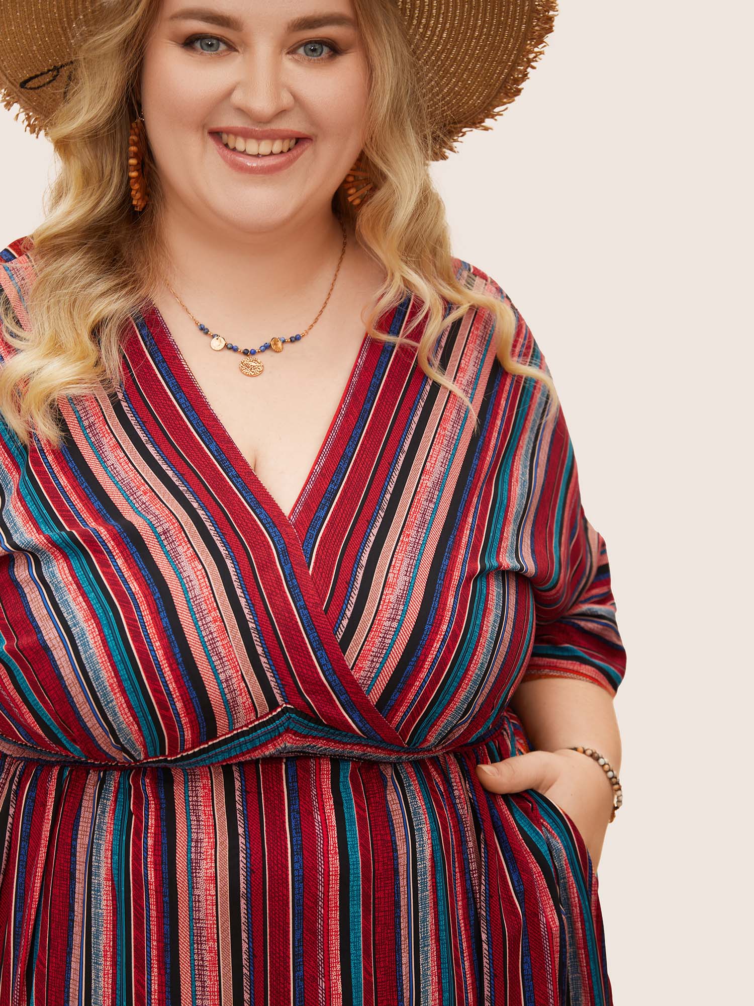 (25pcs Minimum Wholesale)Striped Contrast Dolman Sleeve Shirred Pocket Split Flutter Dress
