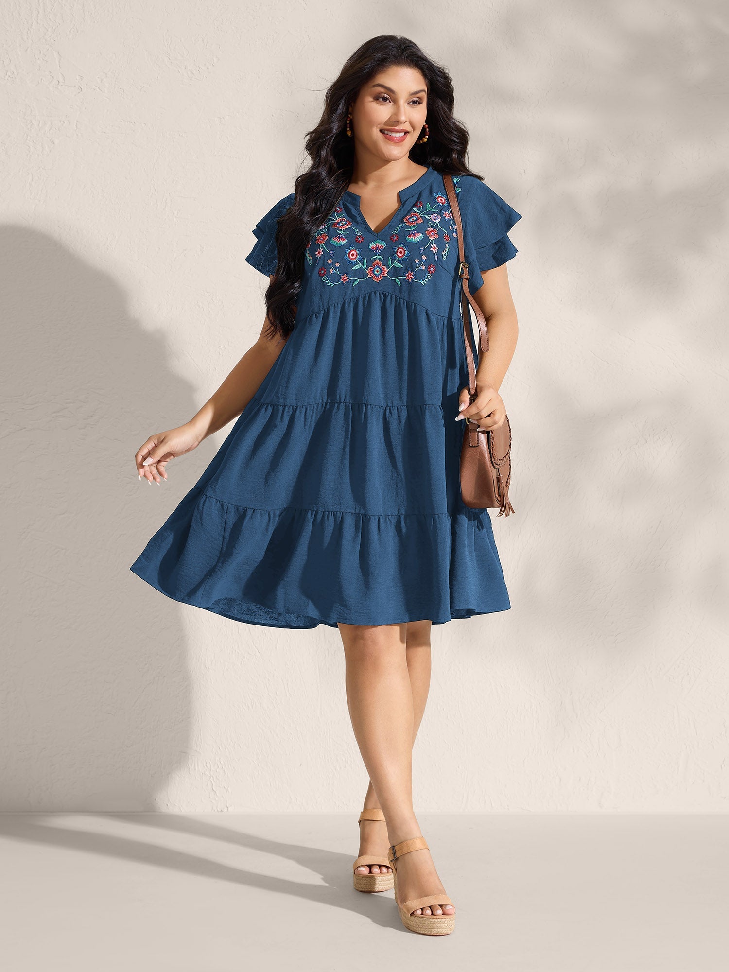 (16pcs Minimum Wholesale)Embroidered Neckline A-Line Ruffled Knee-Length Dress