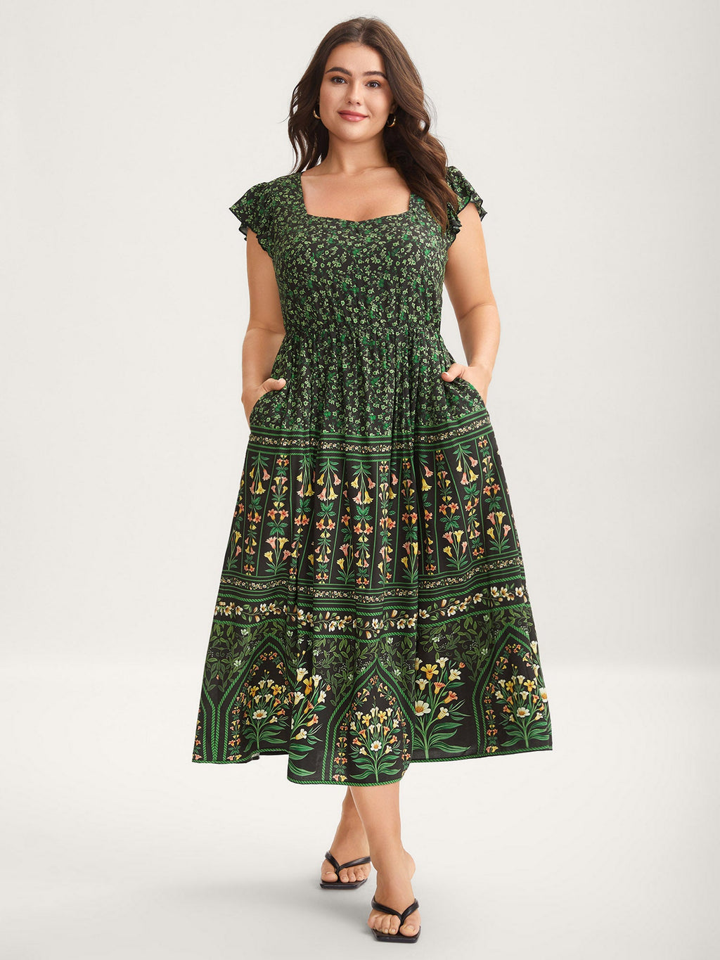 (16pcs Minimum Wholesale)Rayon Garden Fresh Ruffled Sleeve Midi Dress