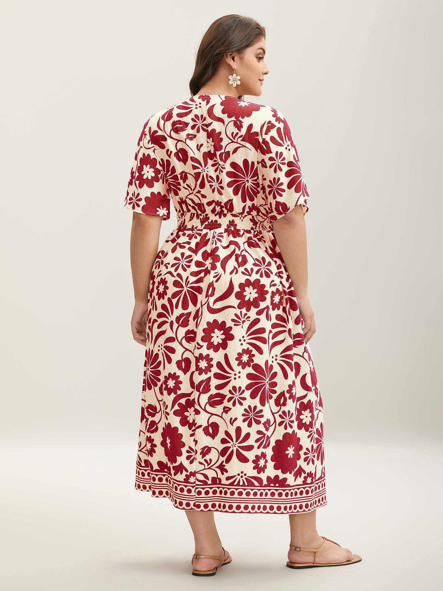 (16pcs Minimum Wholesale)Large Floral Print Pockets Midi Dress