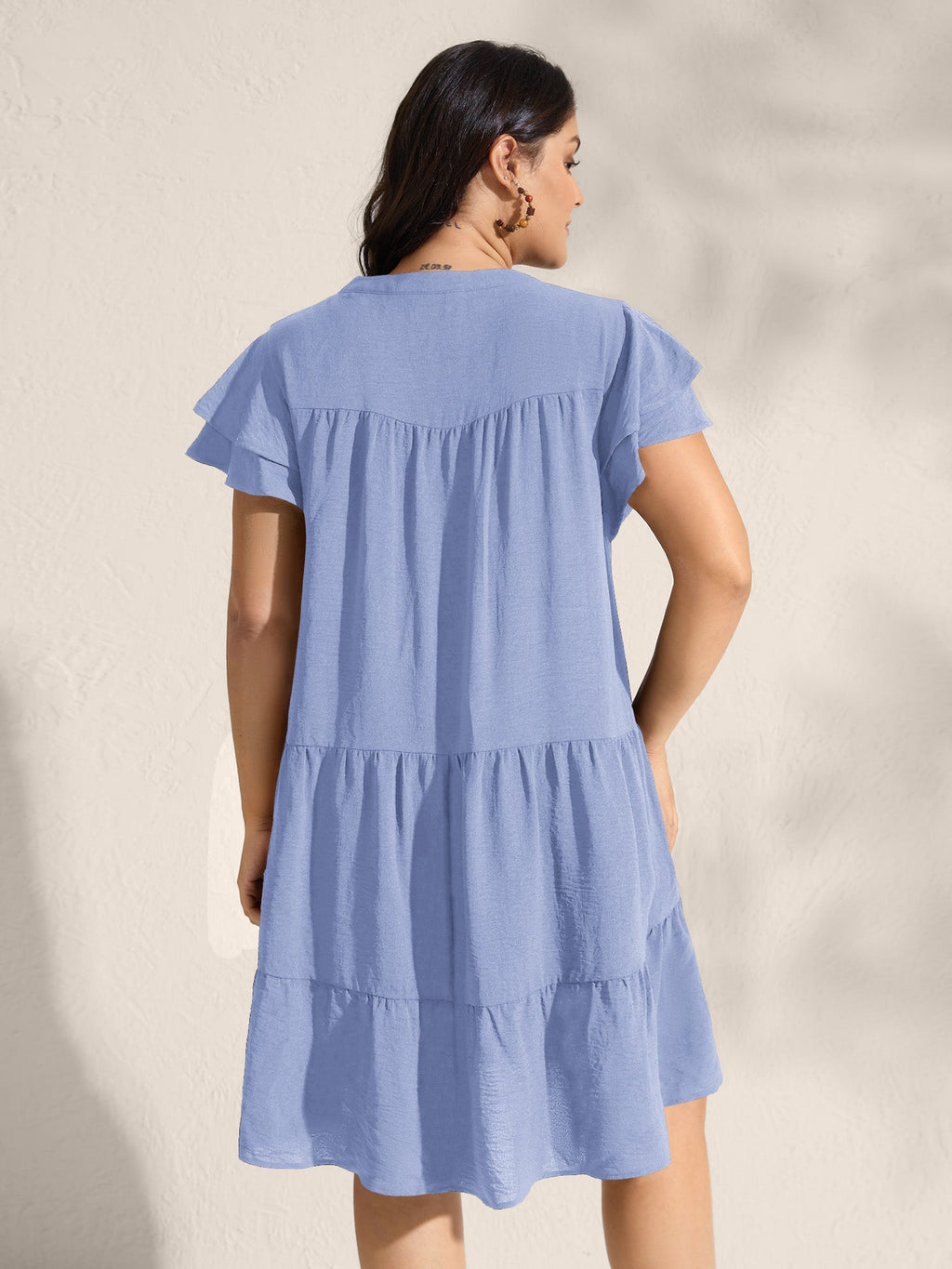 (16pcs Minimum Wholesale)Embroidered Neckline A-Line Ruffled Knee-Length Dress