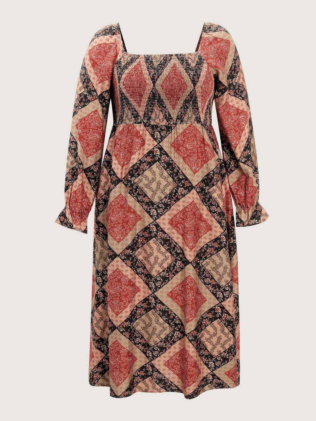 (22pcs Minimum Wholesale)Geometric Print Shirred Bodice Midi Dress