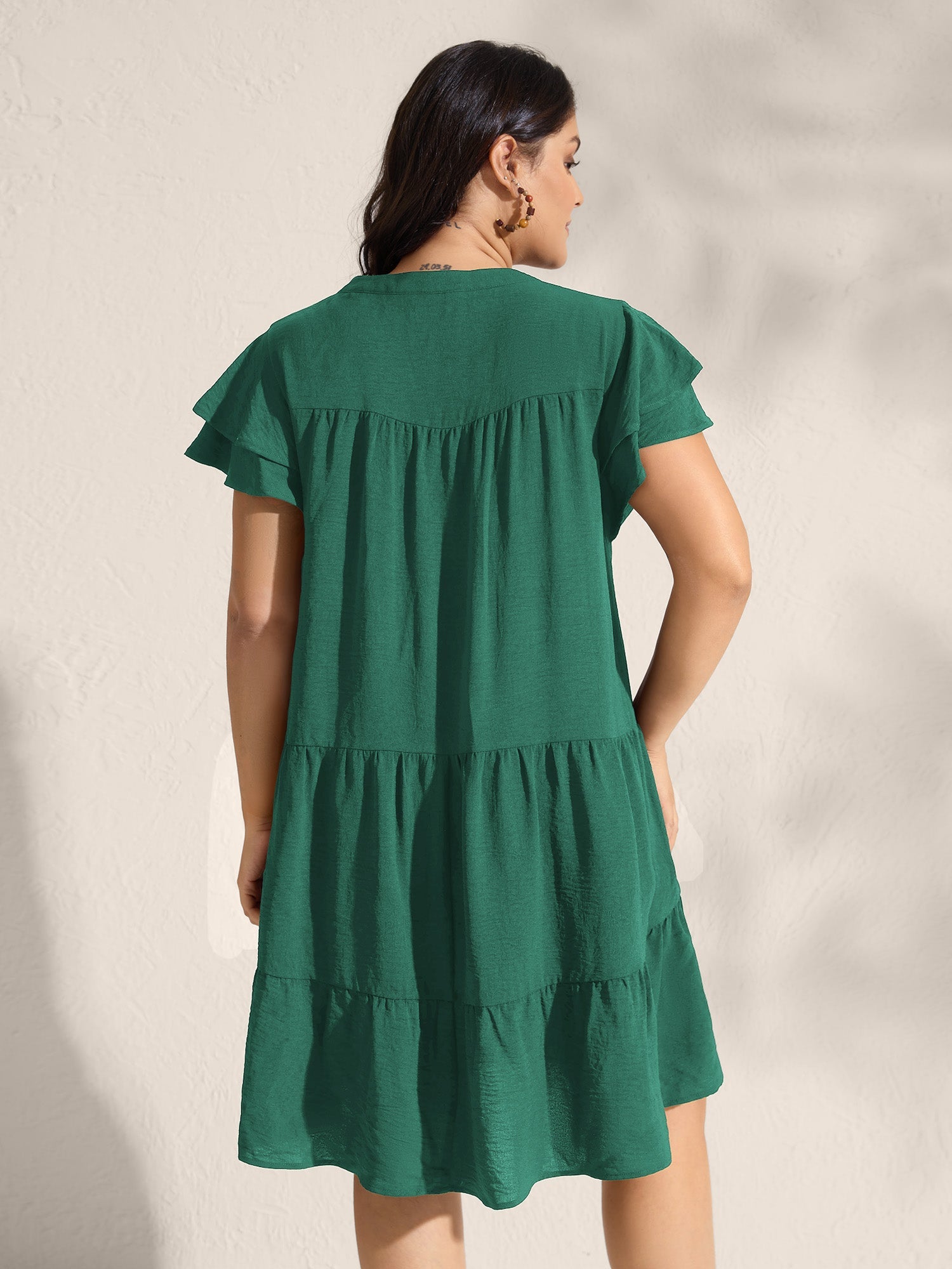 (16pcs Minimum Wholesale)Embroidered Neckline A-Line Ruffled Knee-Length Dress