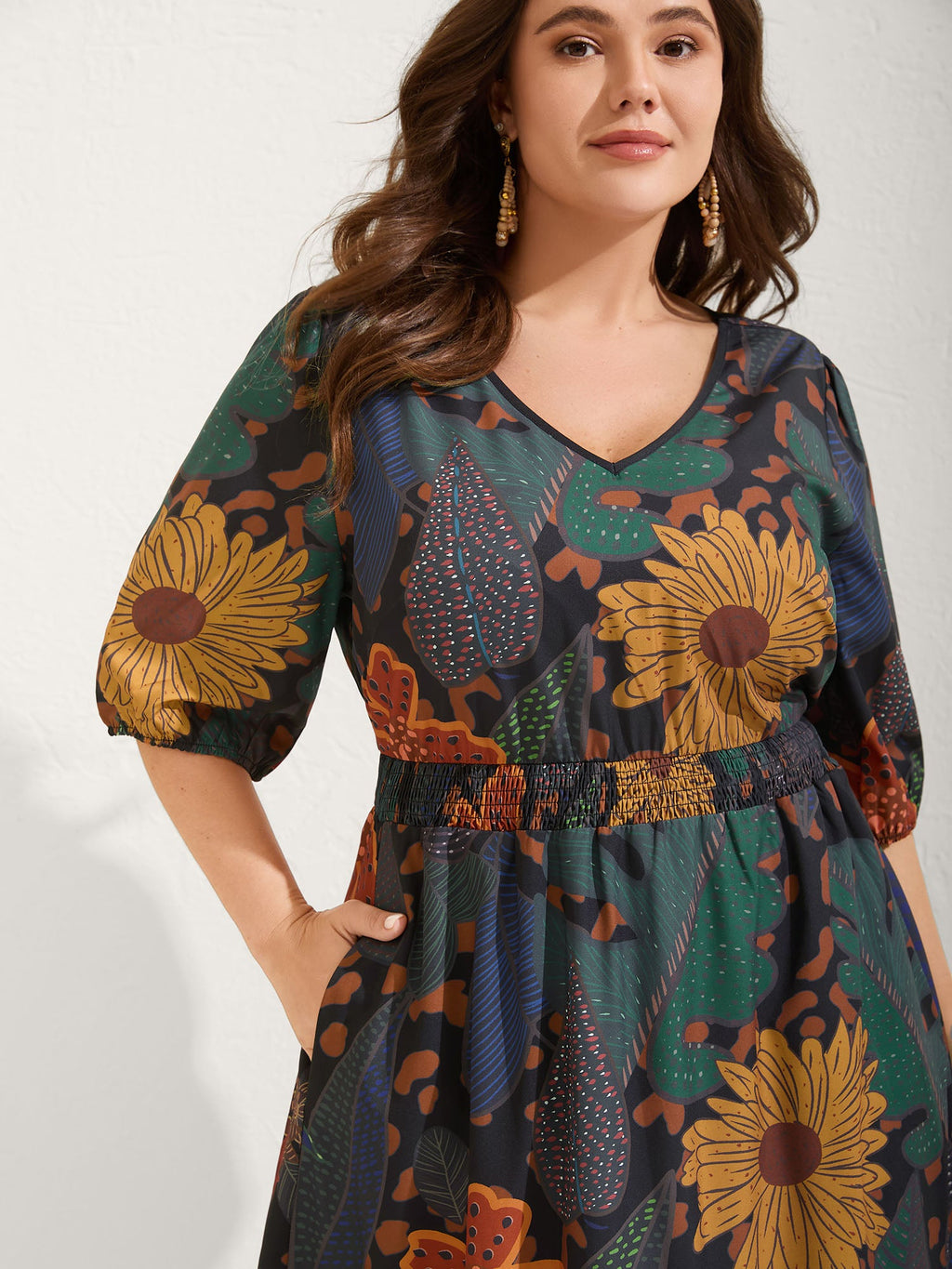 (30pcs Minimum Wholesale)Floral Shirred Lantern Sleeve Midi Dress