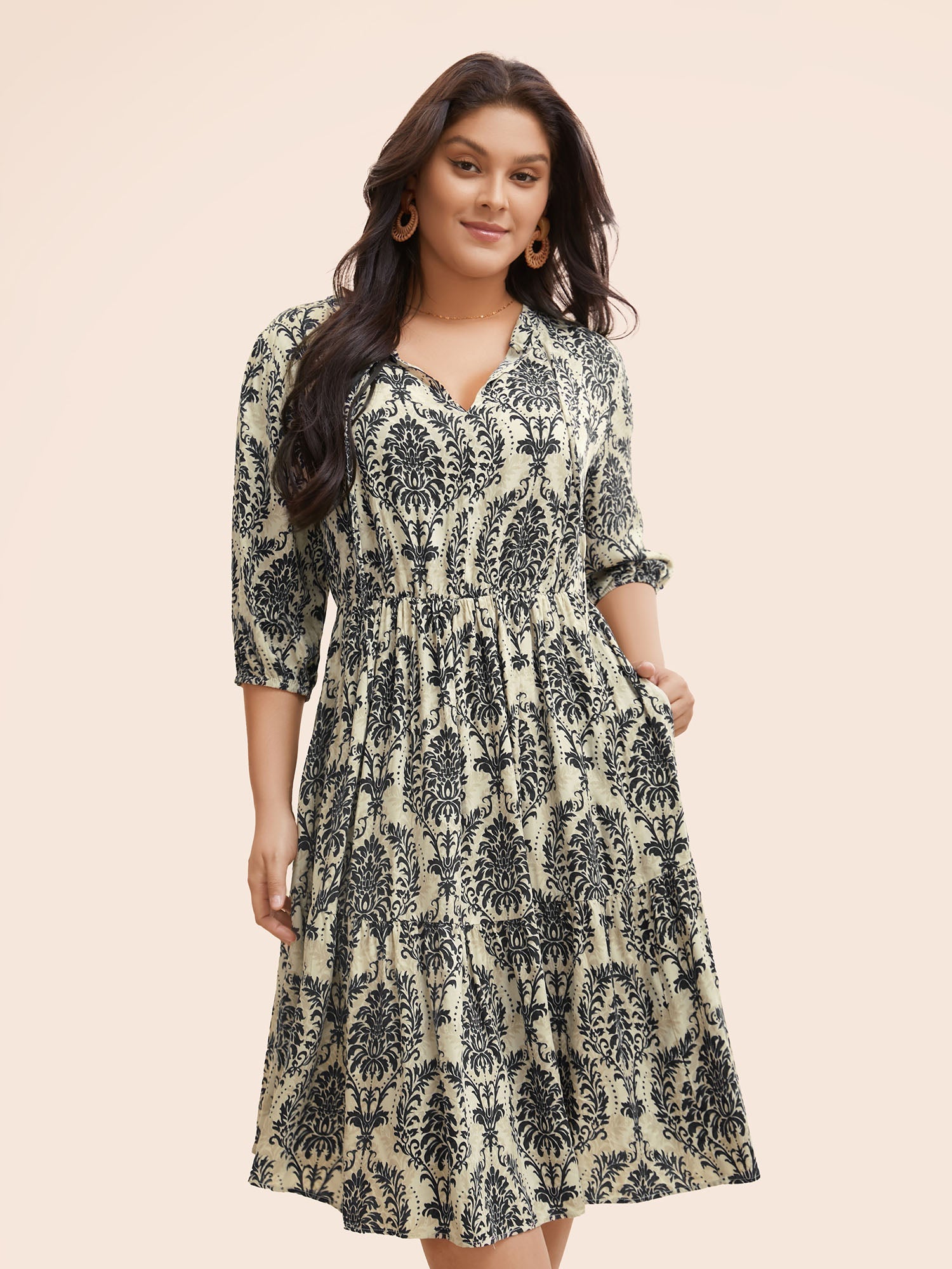 (22pcs Minimum Wholesale)Damask Print Tie Knot Puff Sleeve Dress