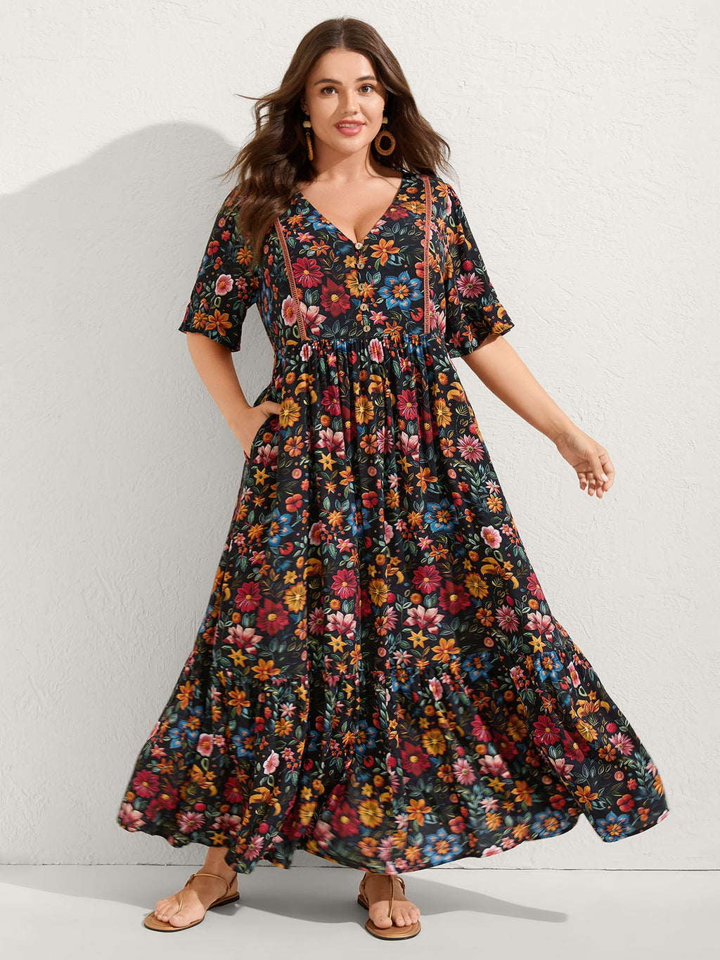 (20pcs Minimum Wholesale)Rayon Floral Lace Trim Button Maxi Dress