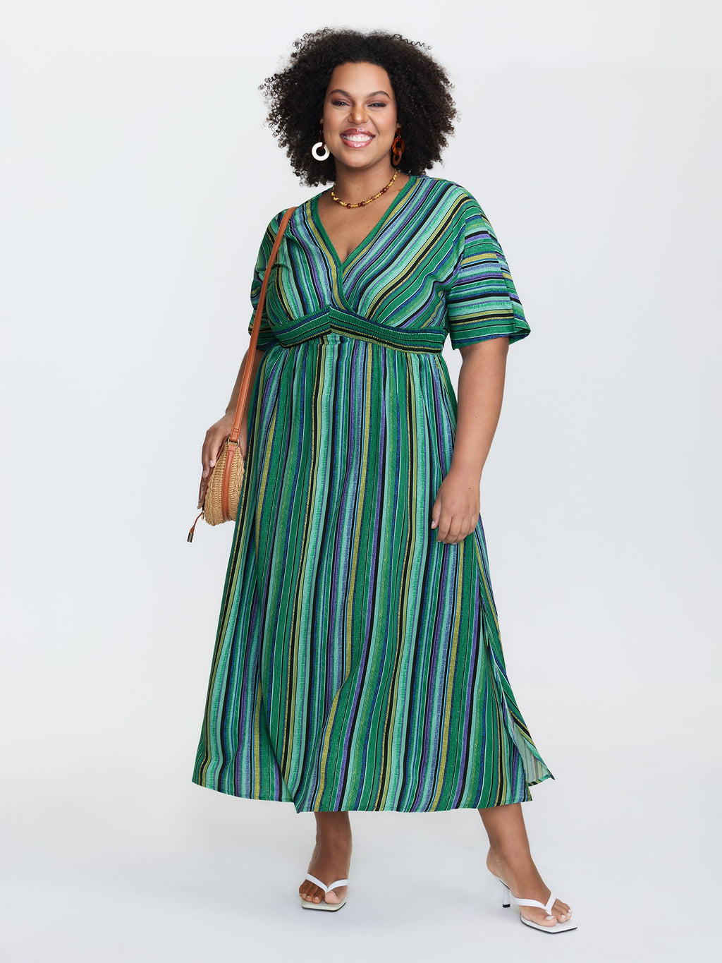 (25pcs Minimum Wholesale)Striped Contrast Dolman Sleeve Shirred Pocket Split Flutter Dress