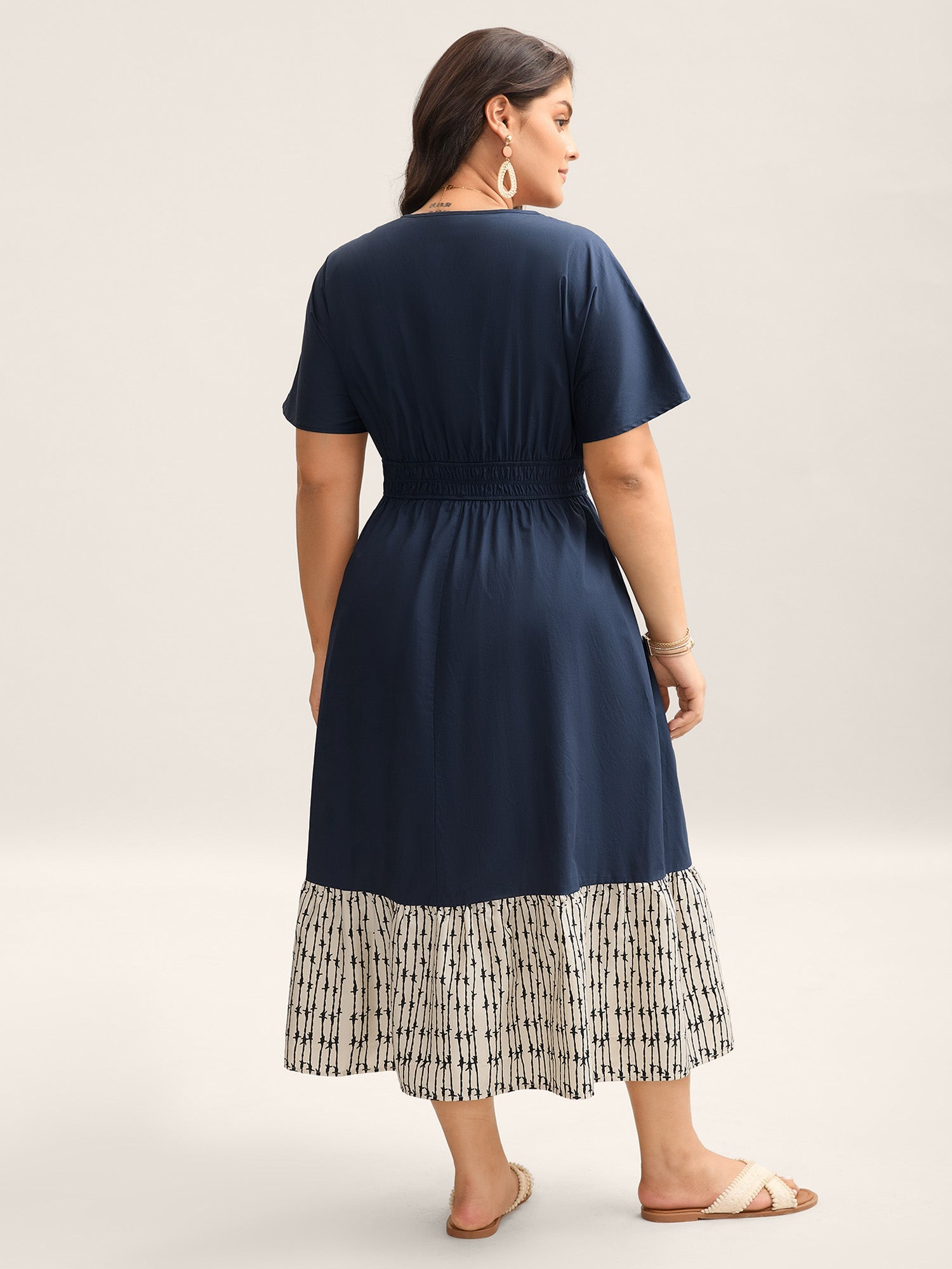 (20pcs Minimum Wholesale)Cotton Color Block Cinched-Waist Spliced Midi Dress