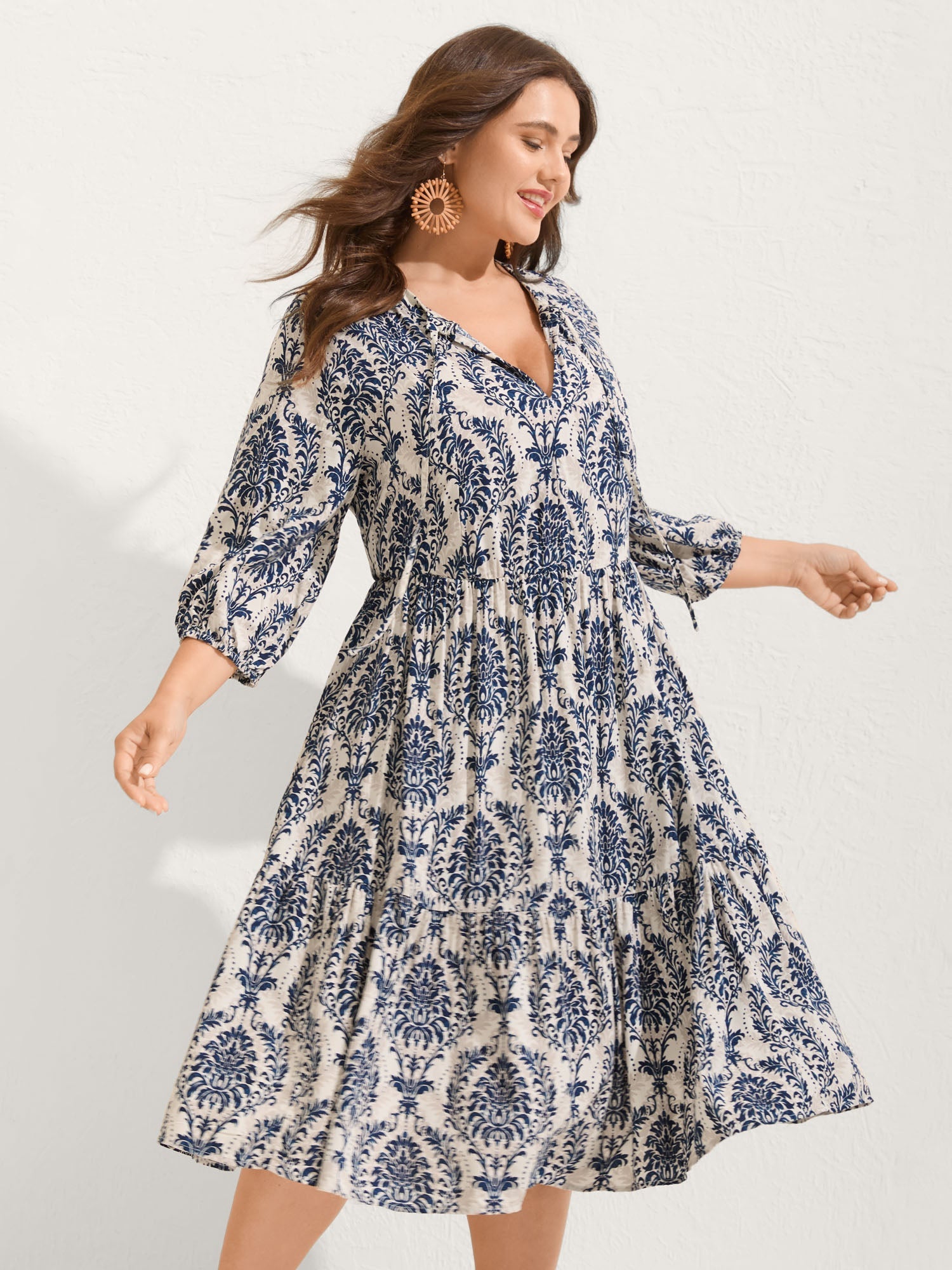 (22pcs Minimum Wholesale)Damask Print Tie Knot Puff Sleeve Dress