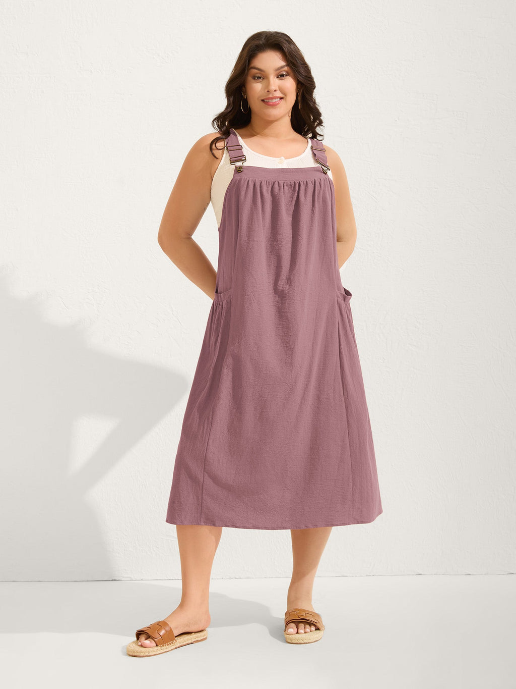 (20pcs Minimum Wholesale)Pure Cotton Pleated Pockets Midi Dress