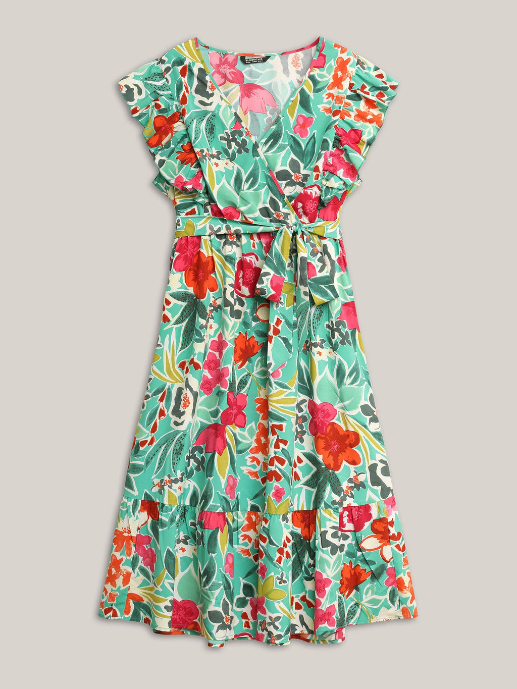 (20pcs Minimum Wholesale)Floral Wrap Patchwork Ruffle Cap Sleeve Dress