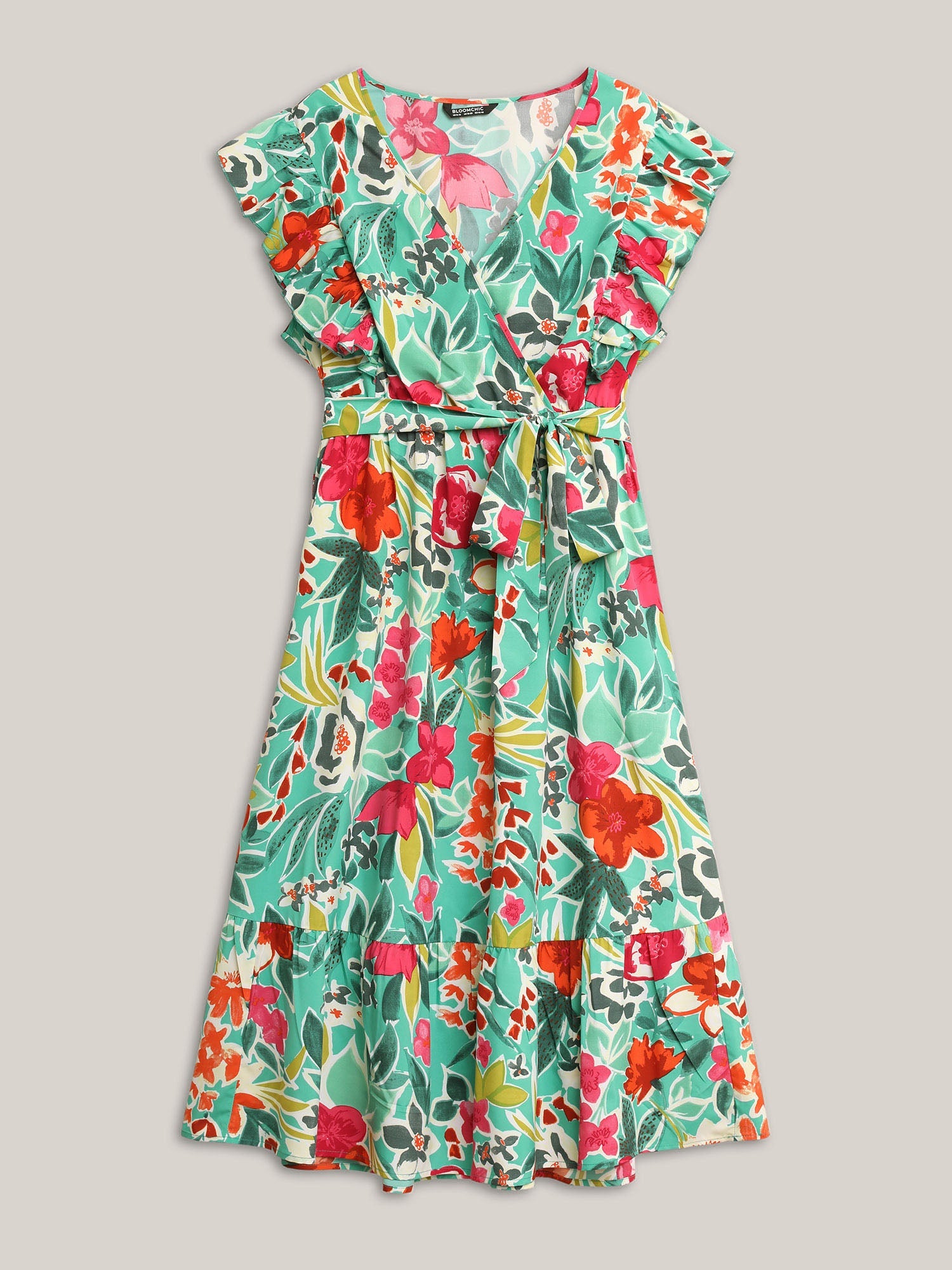(20pcs Minimum Wholesale)Floral Wrap Patchwork Ruffle Cap Sleeve Dress