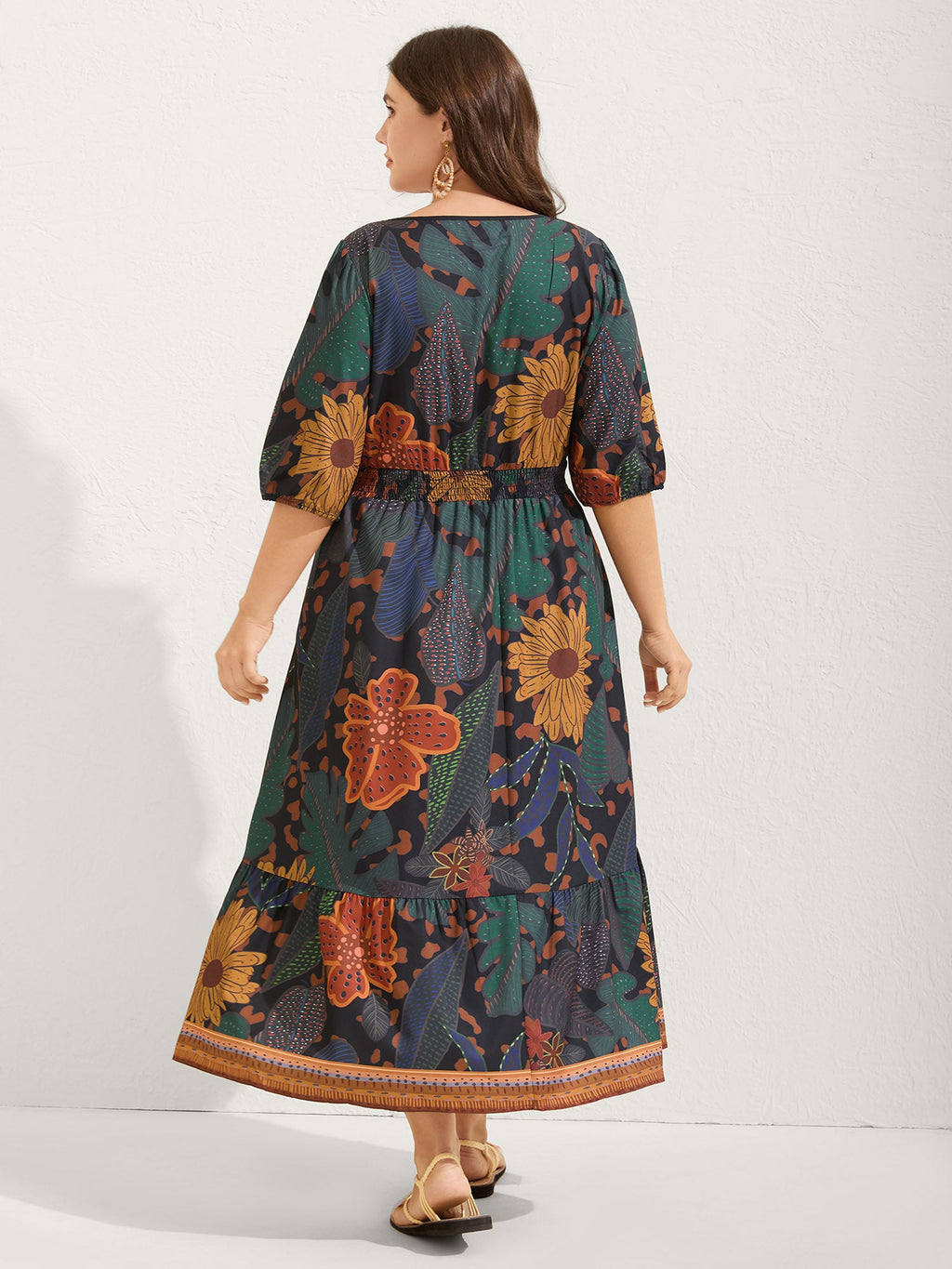 (30pcs Minimum Wholesale)Floral Shirred Lantern Sleeve Midi Dress