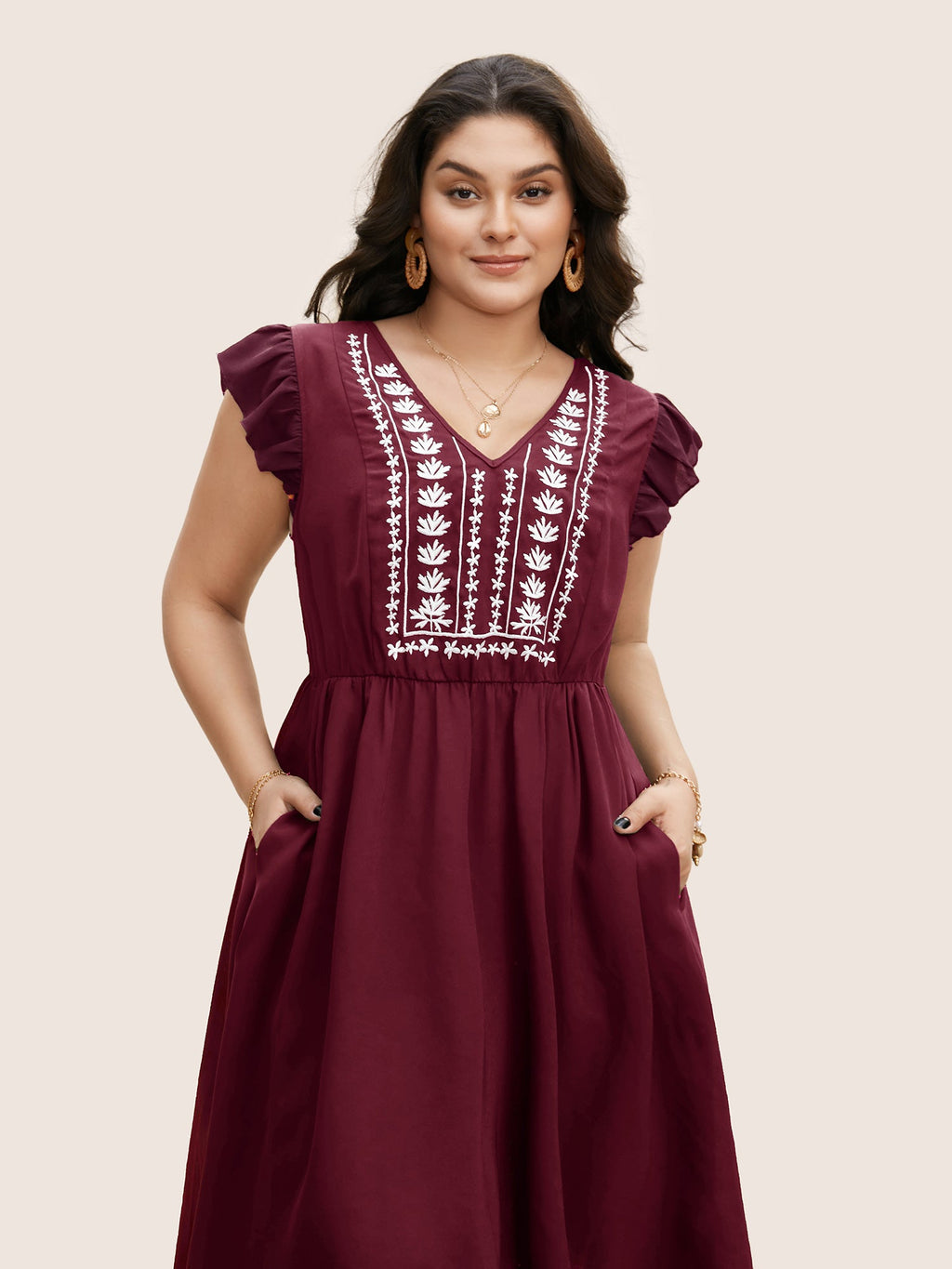 (20pcs Minimum Wholesale)Floral Embroidered V Neck Ruffle Cap Sleeve Dress