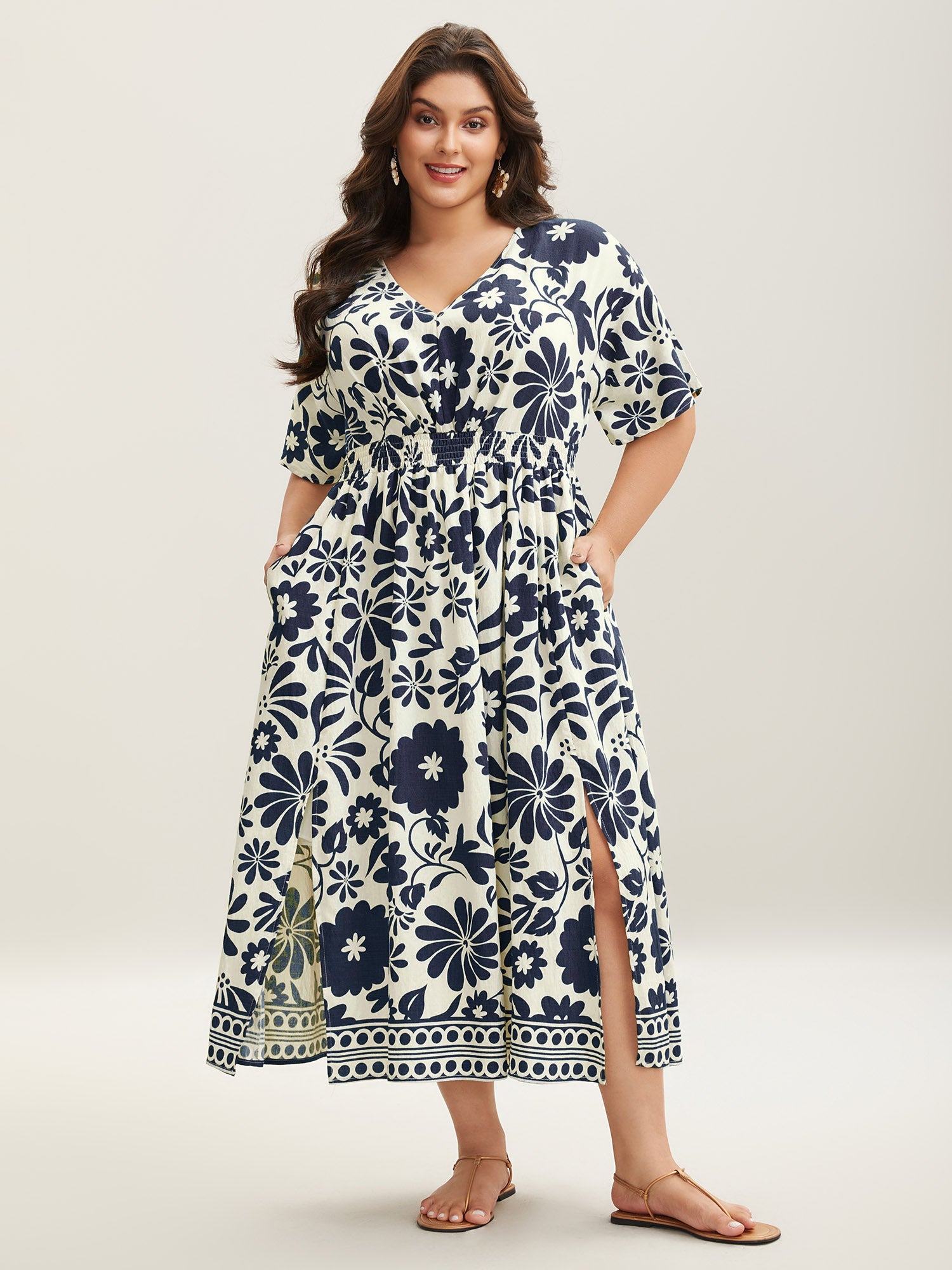 (16pcs Minimum Wholesale)Large Floral Print Pockets Midi Dress