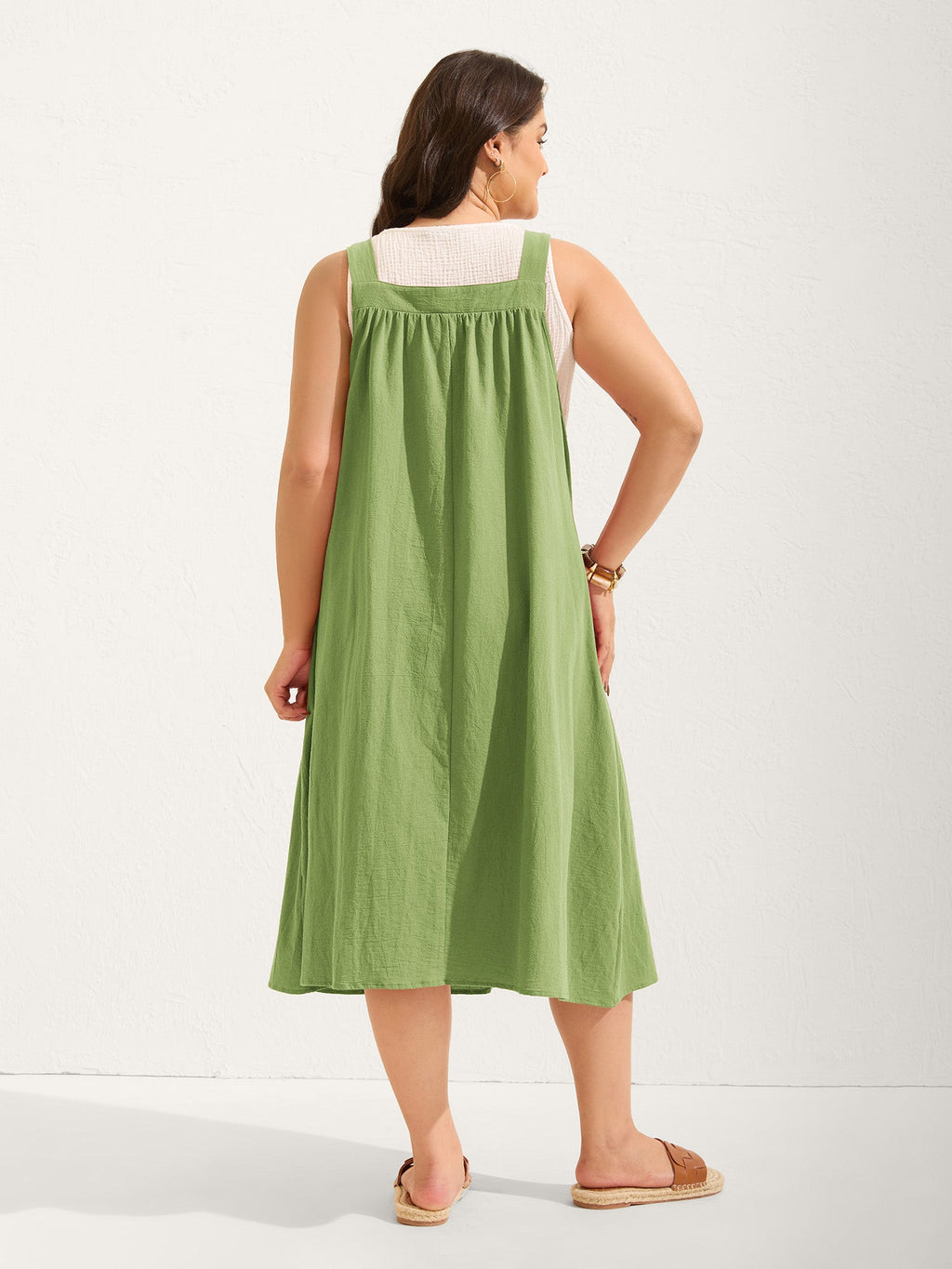 (20pcs Minimum Wholesale)Pure Cotton Pleated Pockets Midi Dress