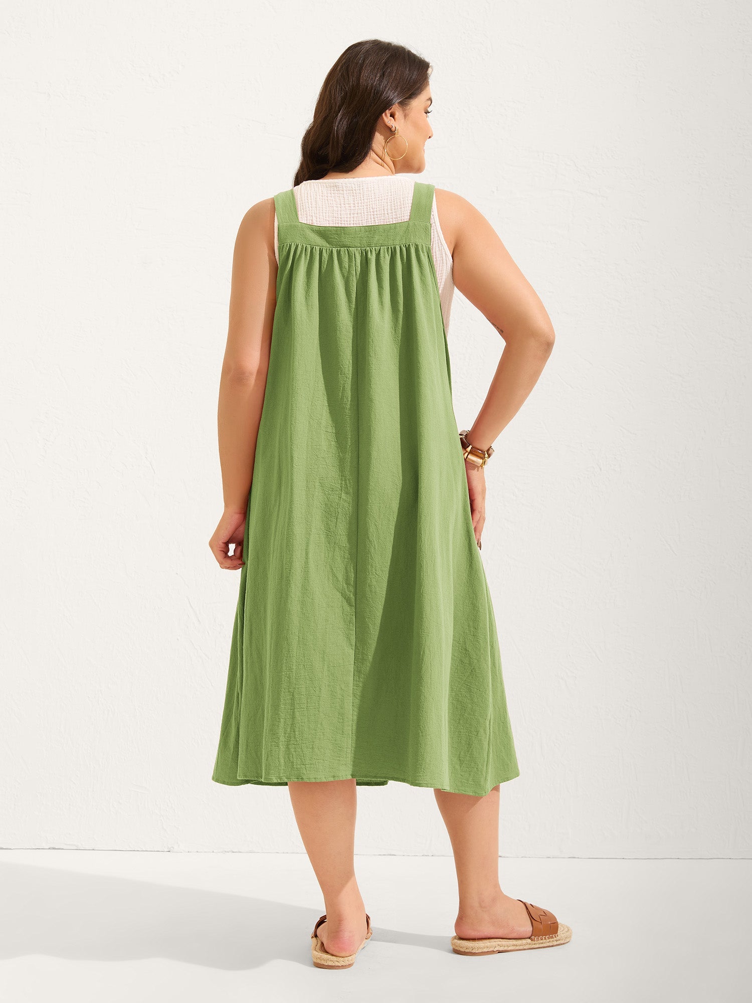 (20pcs Minimum Wholesale)Pure Cotton Pleated Pockets Midi Dress