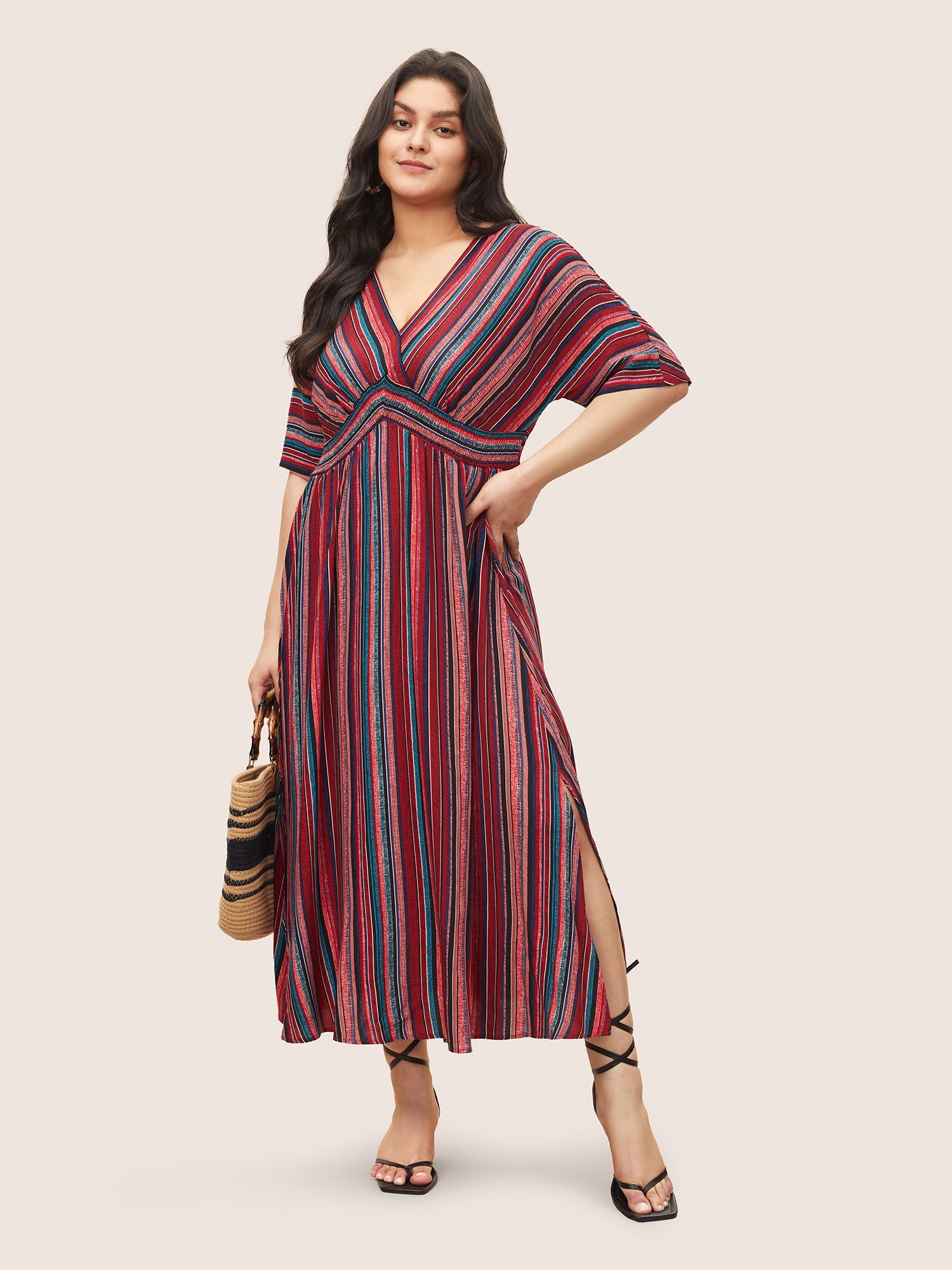 (25pcs Minimum Wholesale)Striped Contrast Dolman Sleeve Shirred Pocket Split Flutter Dress