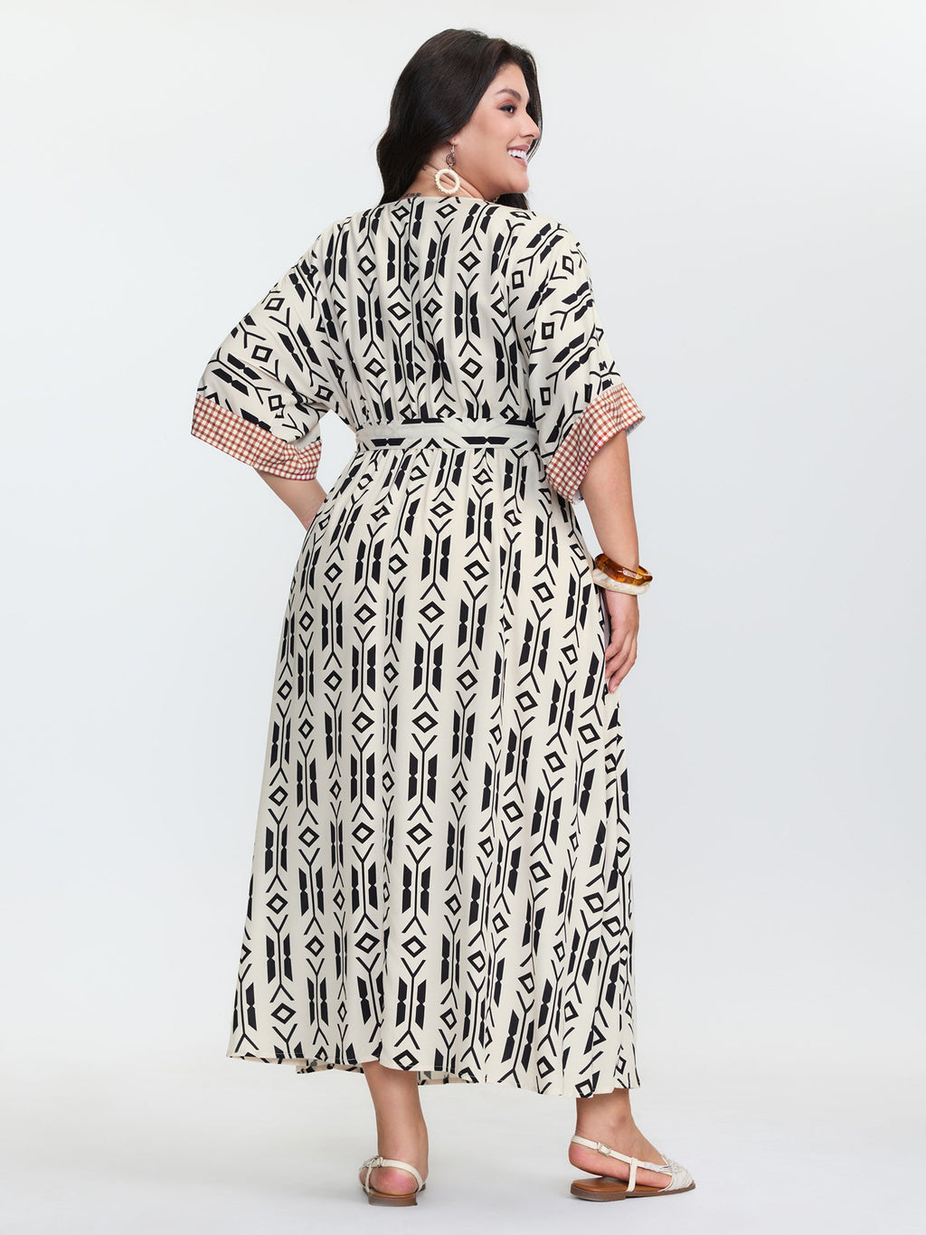 (25pcs Minimum Wholesale)Geometric Print Pockets Surplice Maxi Dress