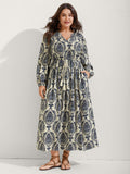 (18pcs Minimum Wholesale)Boho Print Notched Tie Knot Maxi Dress