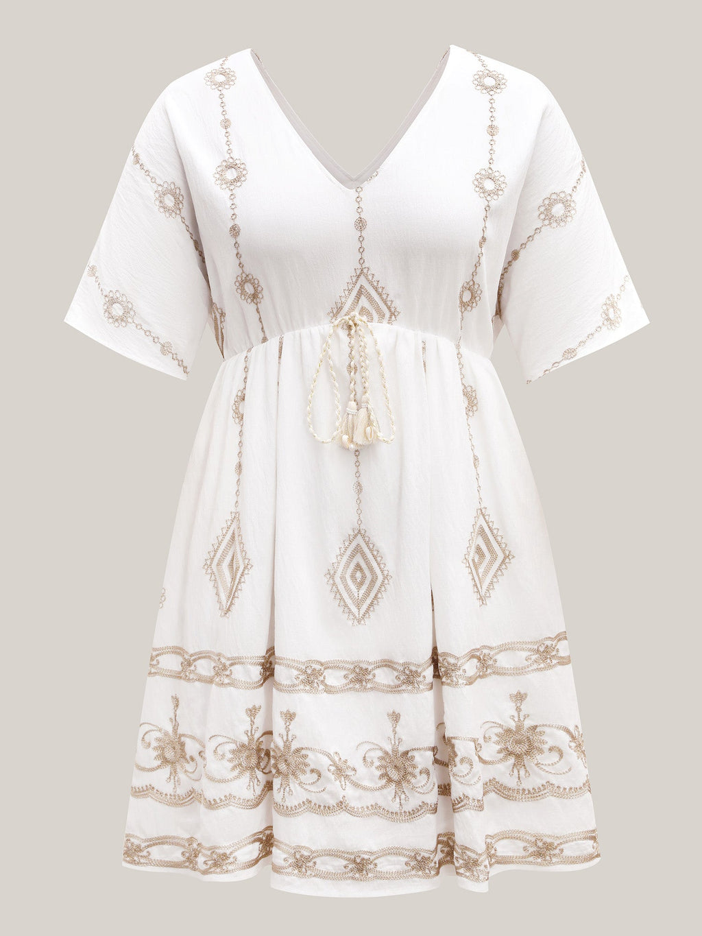(20pcs Minimum Wholesale)Boho Embroidered Waist Tie Mini Dress