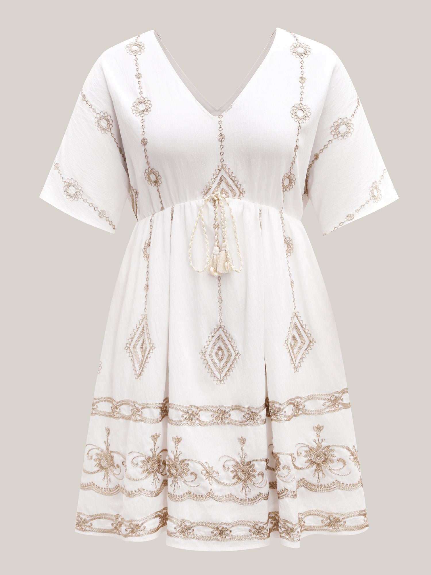(20pcs Minimum Wholesale)Boho Embroidered Waist Tie Mini Dress