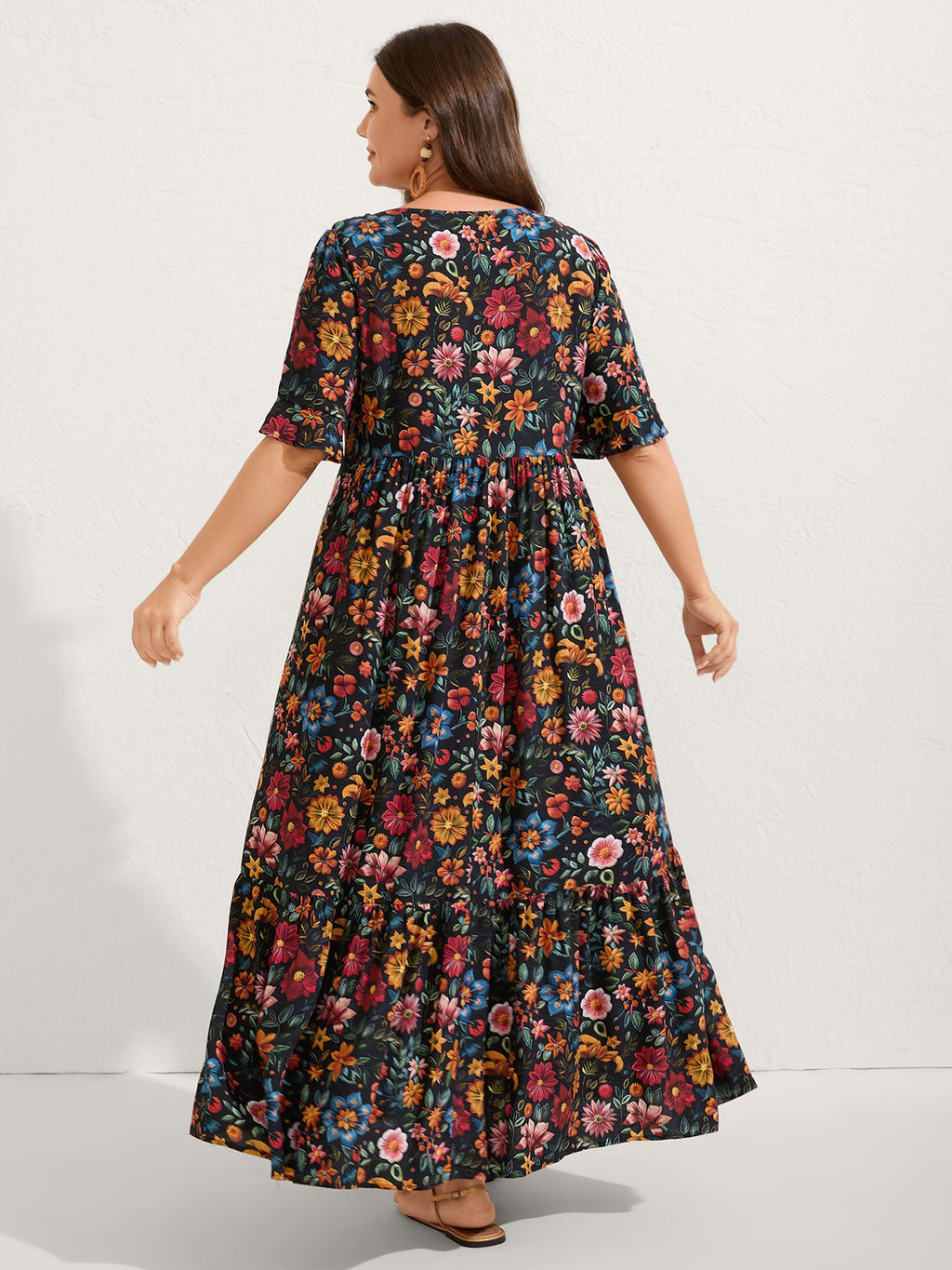 (20pcs Minimum Wholesale)Rayon Floral Lace Trim Button Maxi Dress