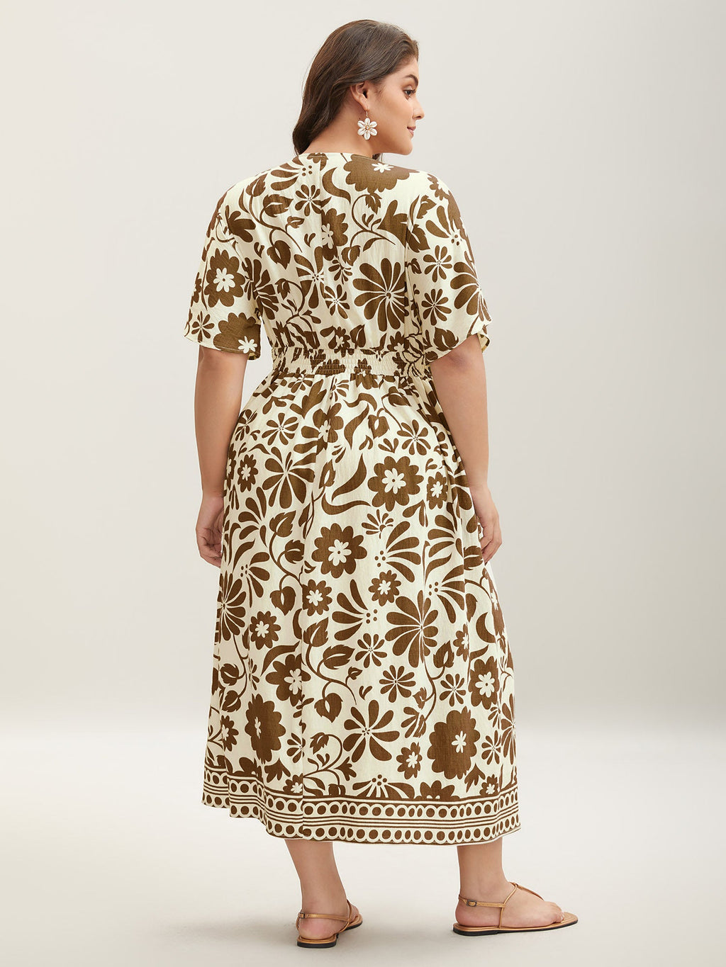 (16pcs Minimum Wholesale)Large Floral Print Pockets Midi Dress
