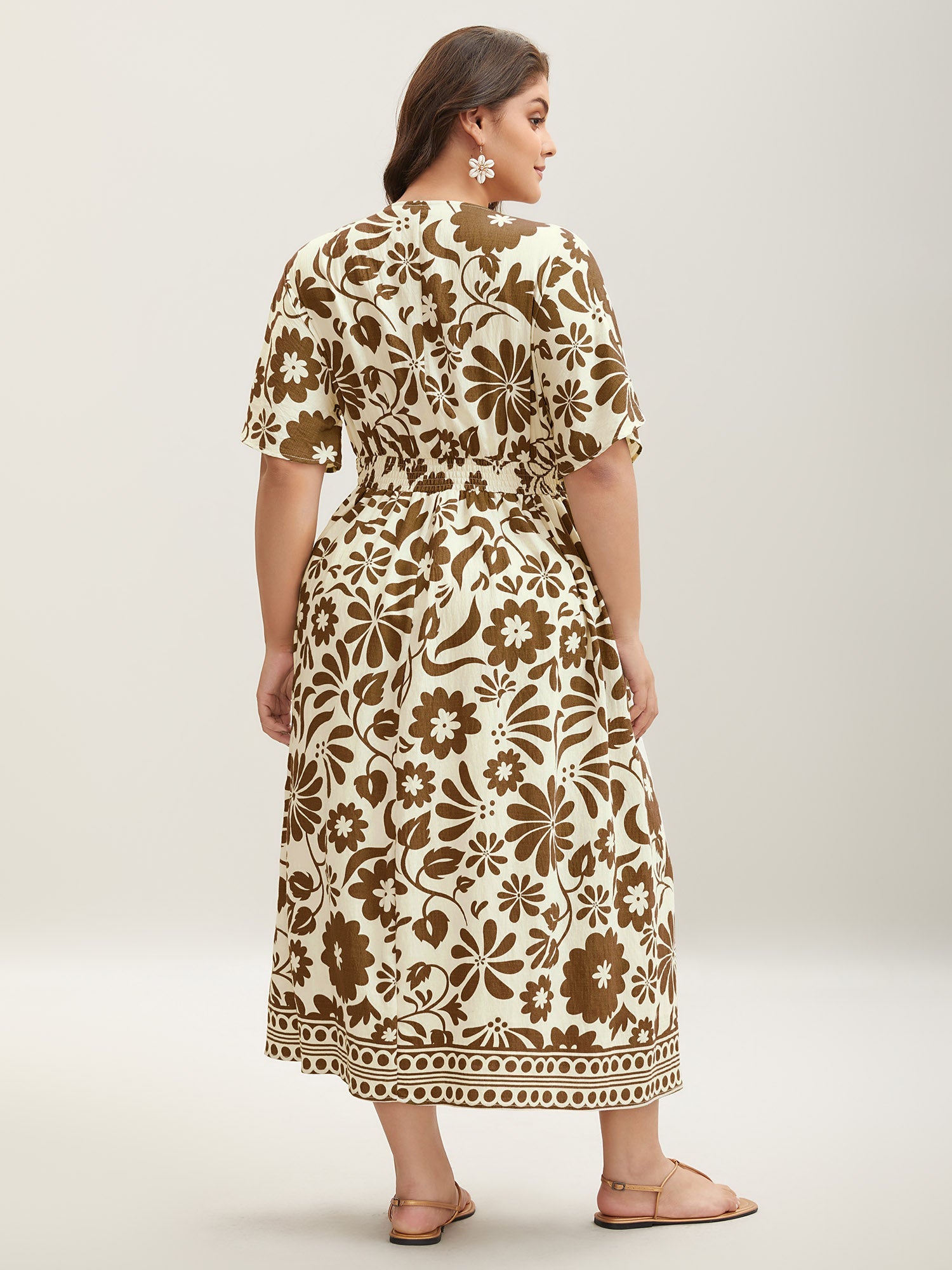 (16pcs Minimum Wholesale)Large Floral Print Pockets Midi Dress