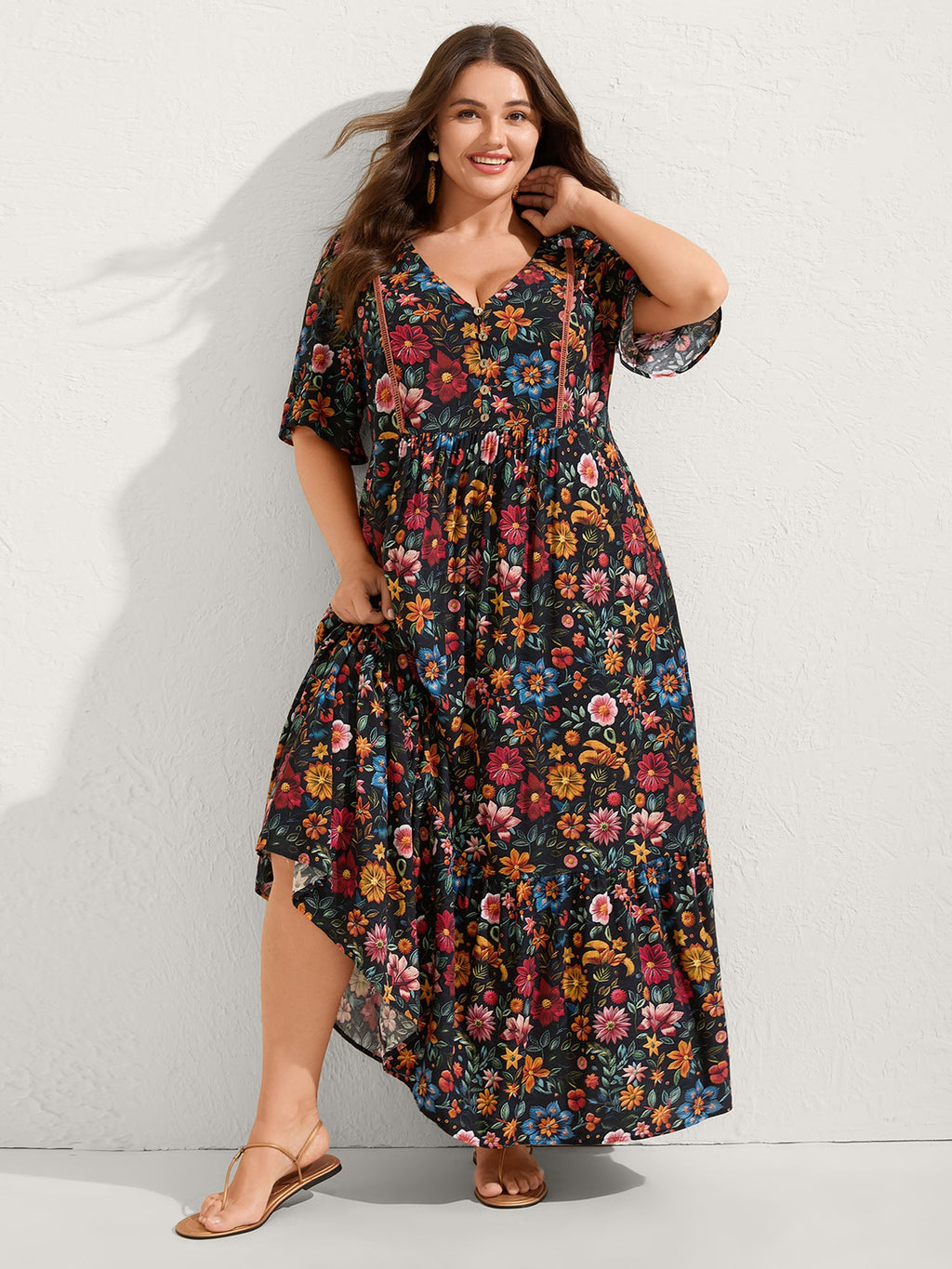 (20pcs Minimum Wholesale)Rayon Floral Lace Trim Button Maxi Dress
