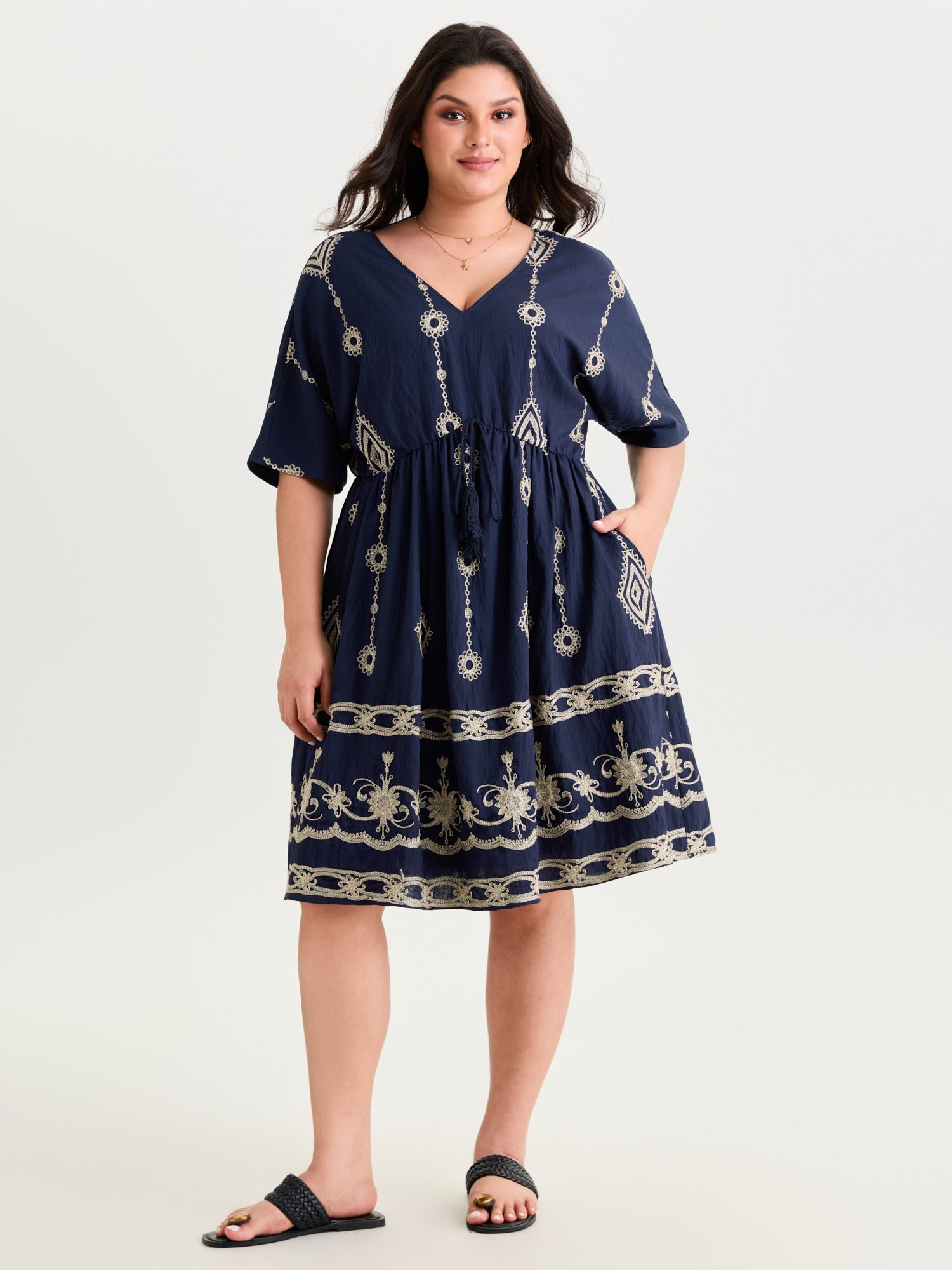 (20pcs Minimum Wholesale)Boho Embroidered Waist Tie Mini Dress