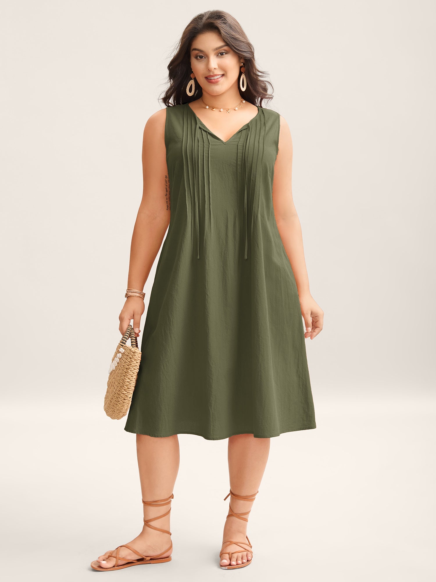 (18pcs Minimum Wholesale)Cotton Toothpick Pleat Plain Midi Dress