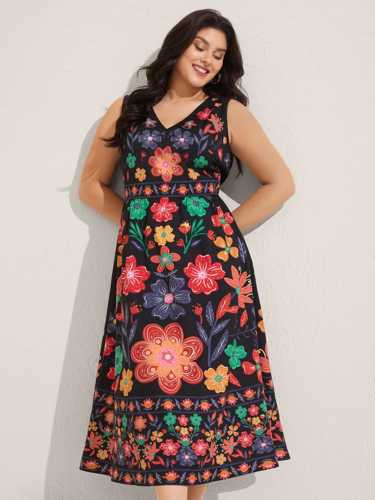 (18pcs Minimum Wholesale)Floral Drama Cinched-Waist Maxi Dress